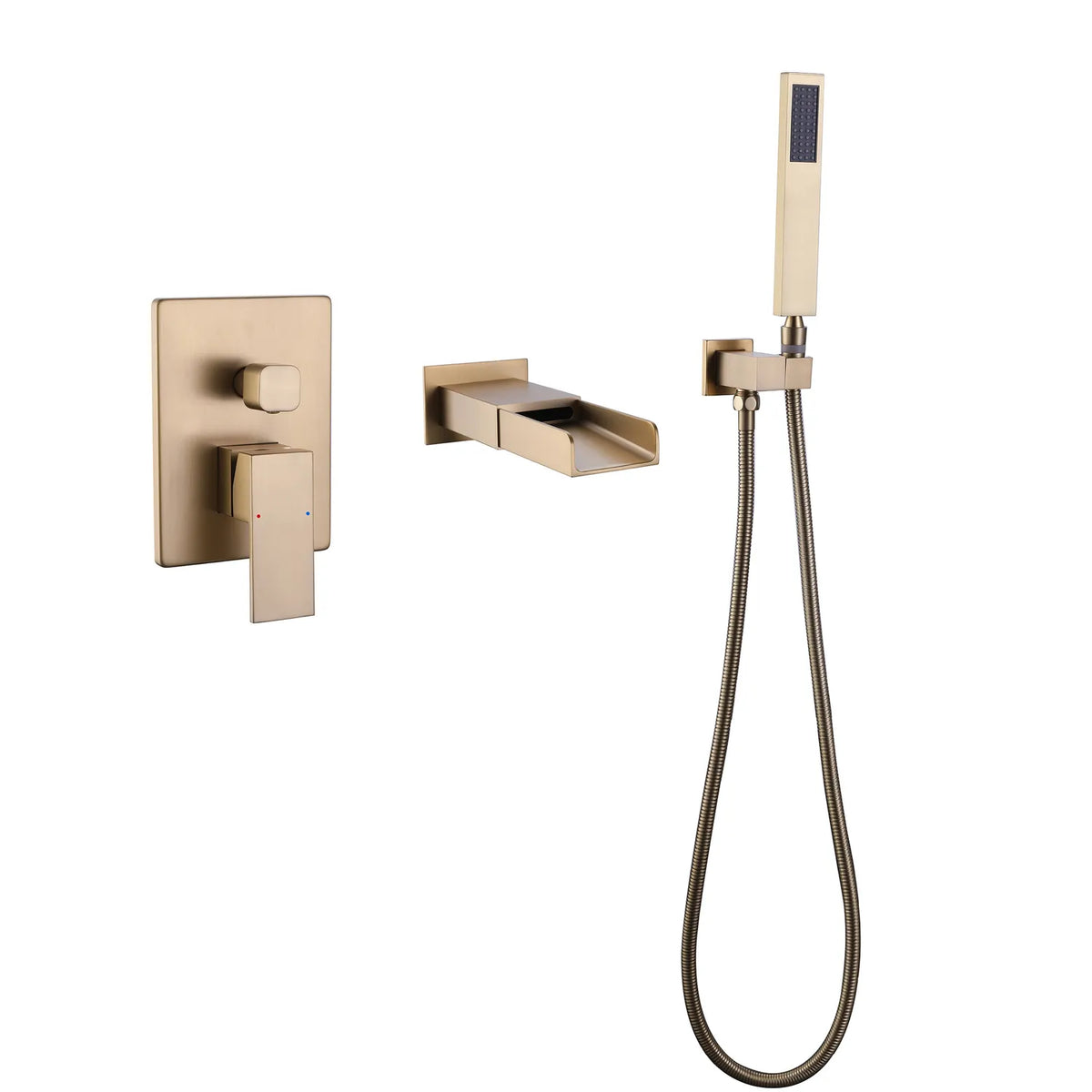 Wall Mount Brushed Gold Tub Faucet With Waterfall Tub Filler And Hand Shower