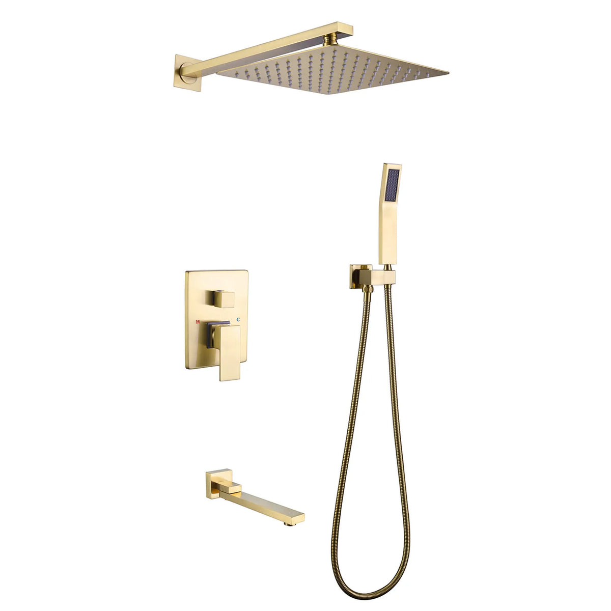 Brushed Gold Shower System With Pressure Balance Valve, Rain Shower Head,Handheld Shower Head ,Swivel Tub Spout