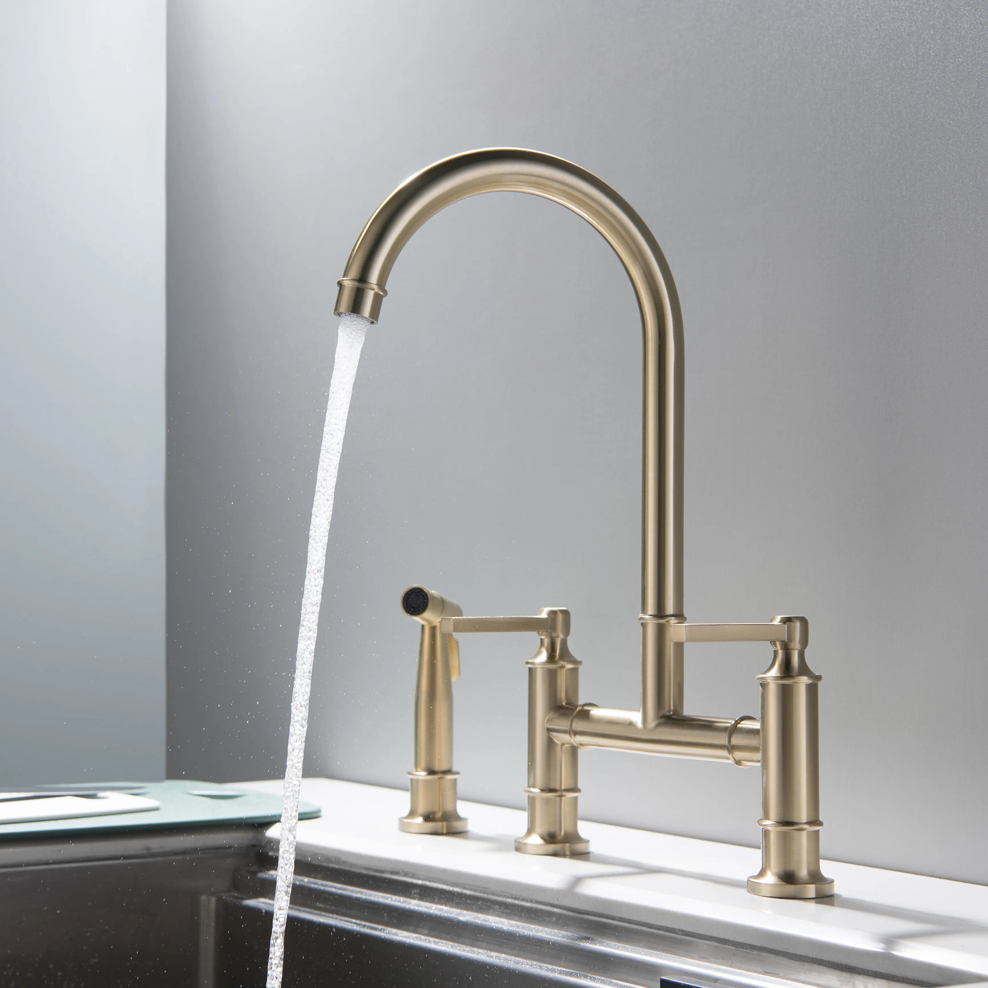 2-Handle Bridge Kitchen Faucet With Side Sprayer In Brushed Gold