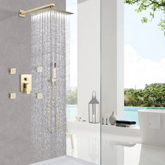 Brushed Gold Shower System With 4 Body Jets, Pressure Balance Shower Valve, 10" Rain Shower Head and Handheld Shower Head