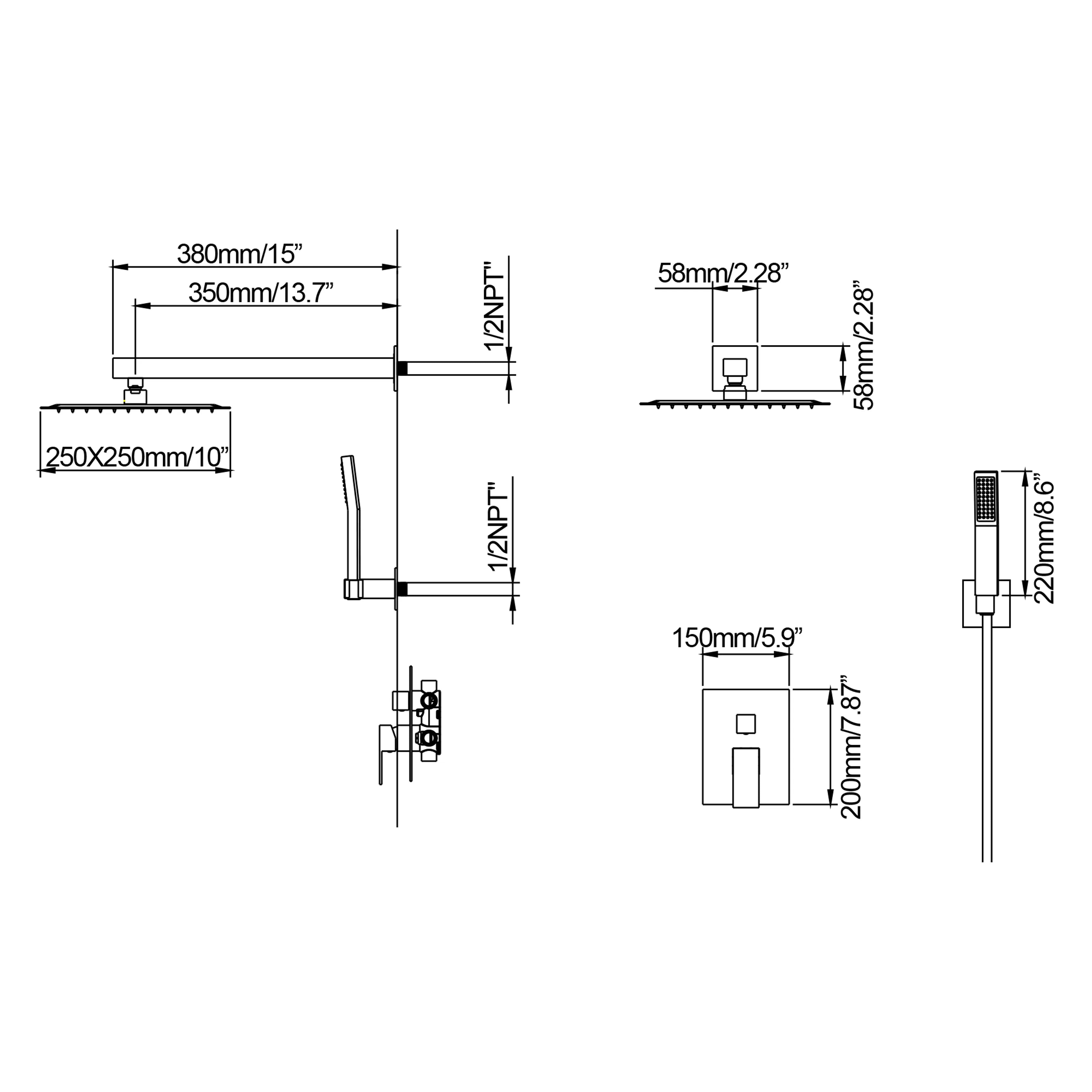 Polished Chrome Pressure Balanced Shower System With 10" Rain Shower Head And Handheld Shower Head