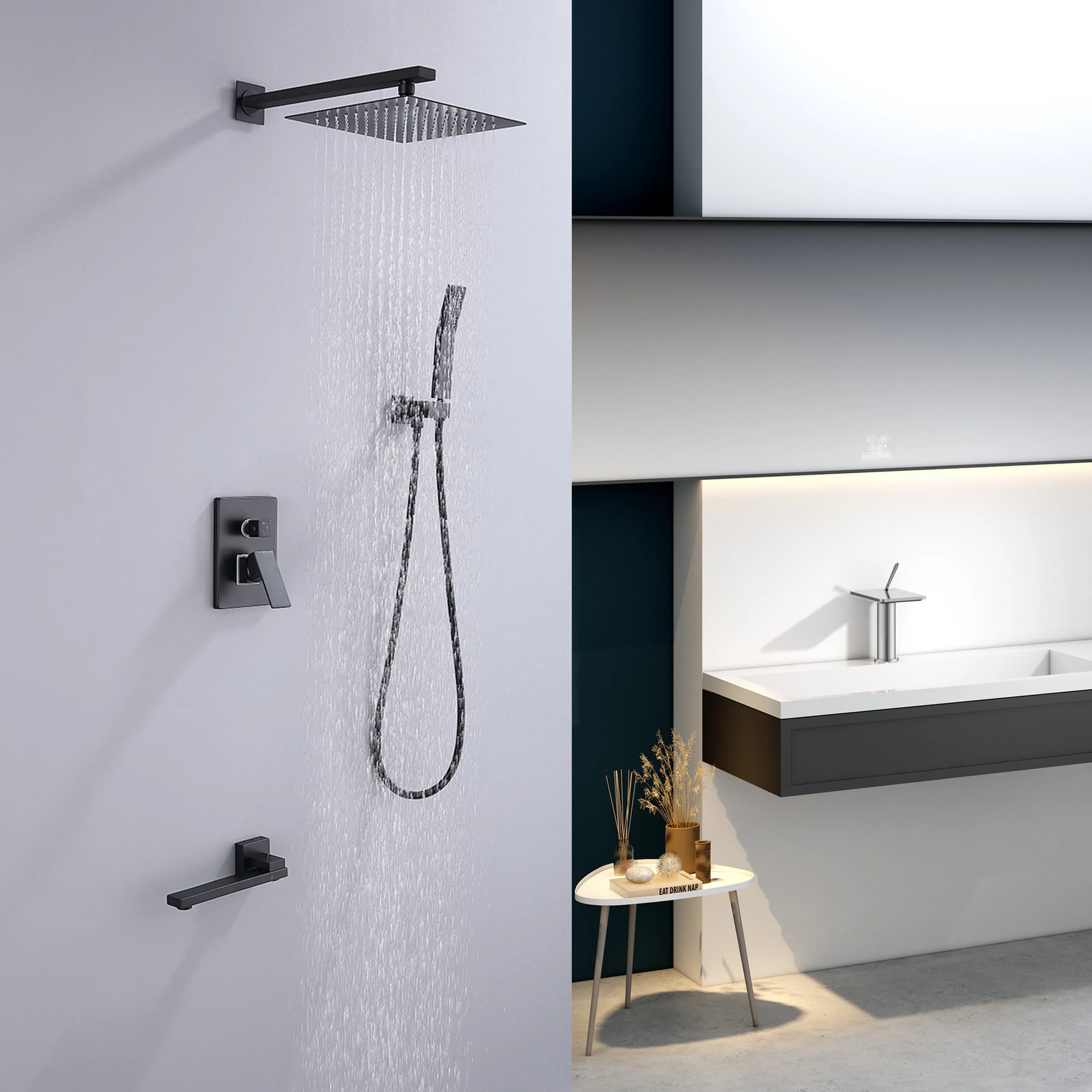 Matte Black Shower System With Rain Shower Head, Handheld Shower Head And Bathtub Tap