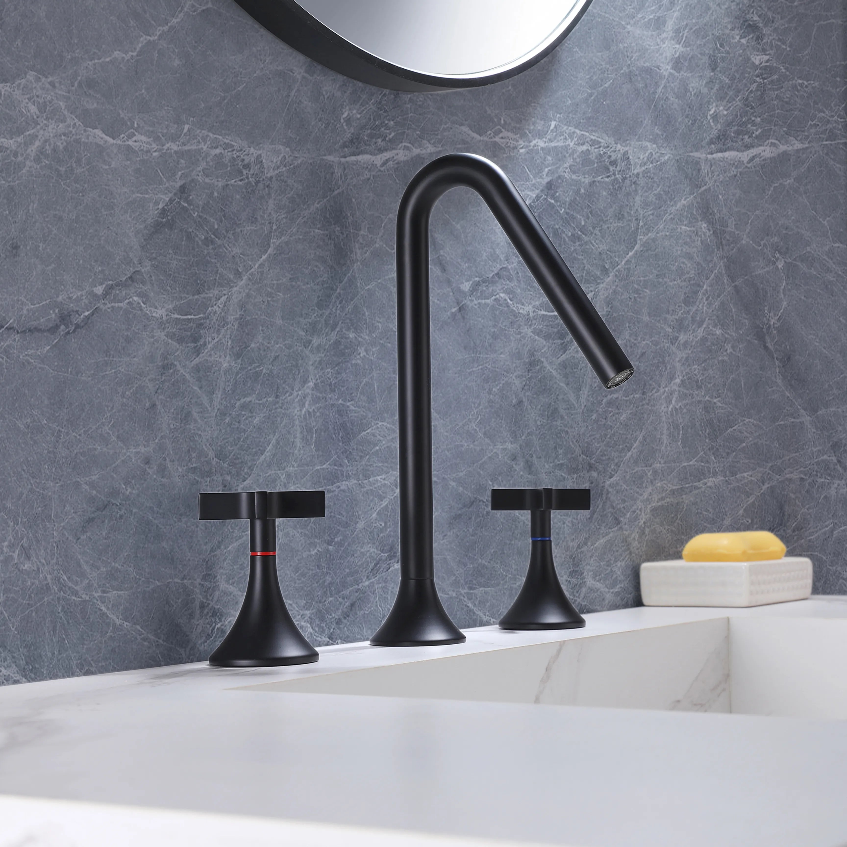 Two Handles 3-Holes Bathroom Sink Faucet In Brushed Gold Matte Black