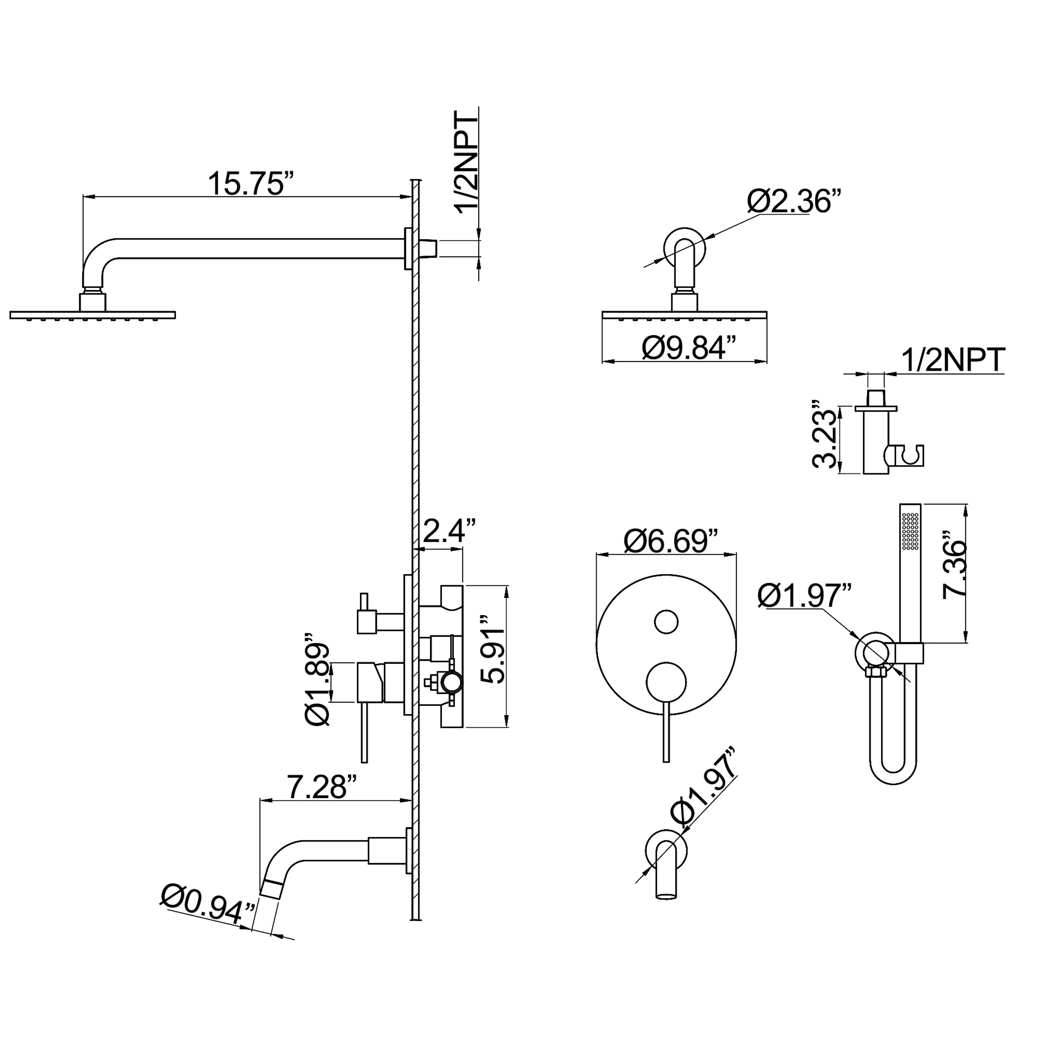 Rain Shower System With Handheld Shower And Swivel Tub Spout In Brushed Gold/Matte Black