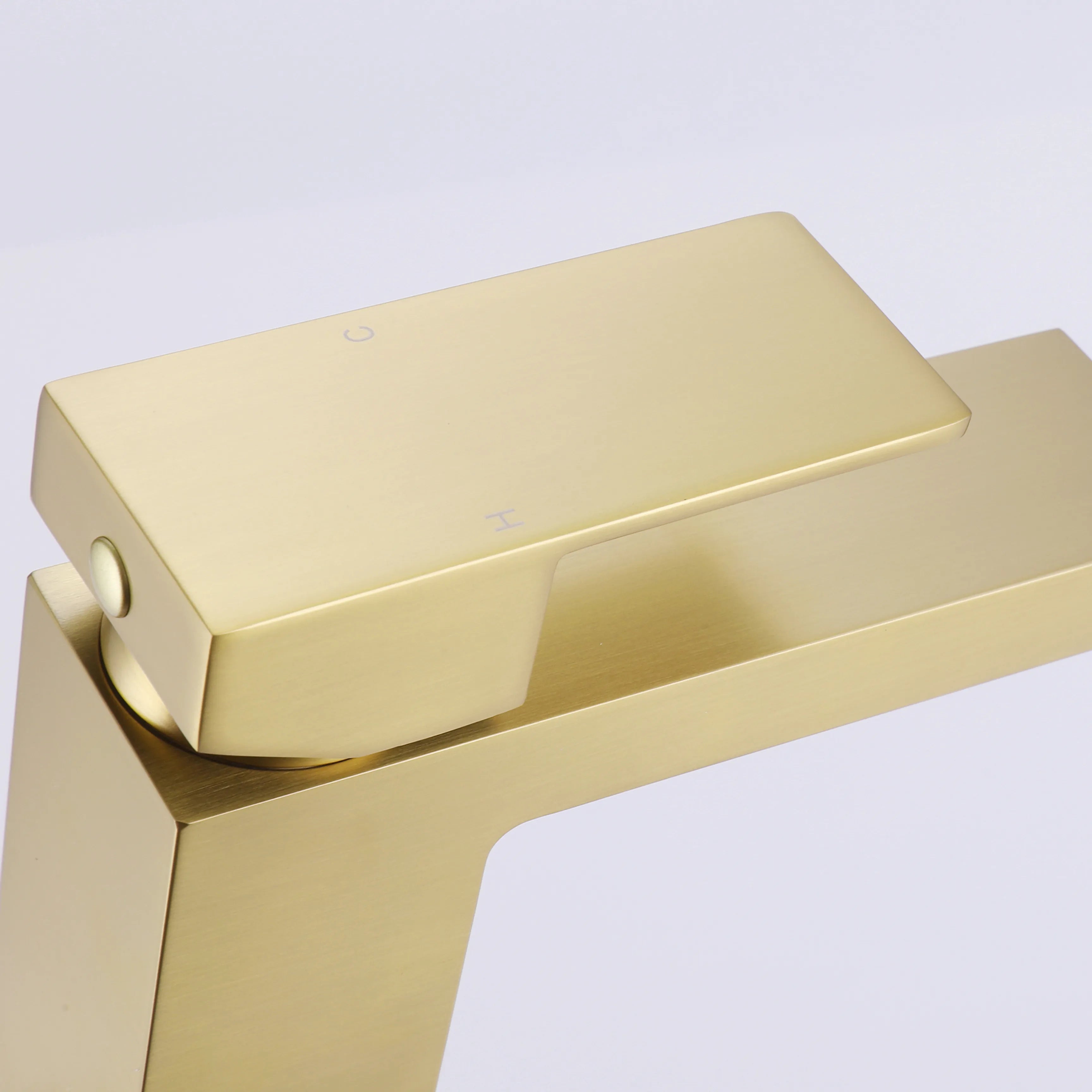 Raised Square 1-Hole Single Handle Bathroom Sink Faucet (With Deck Plate) In Brushed Gold