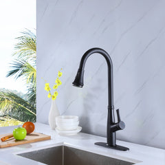 Matte Black Single Handle Pull-Down Kitchen Faucet With Deck Plate