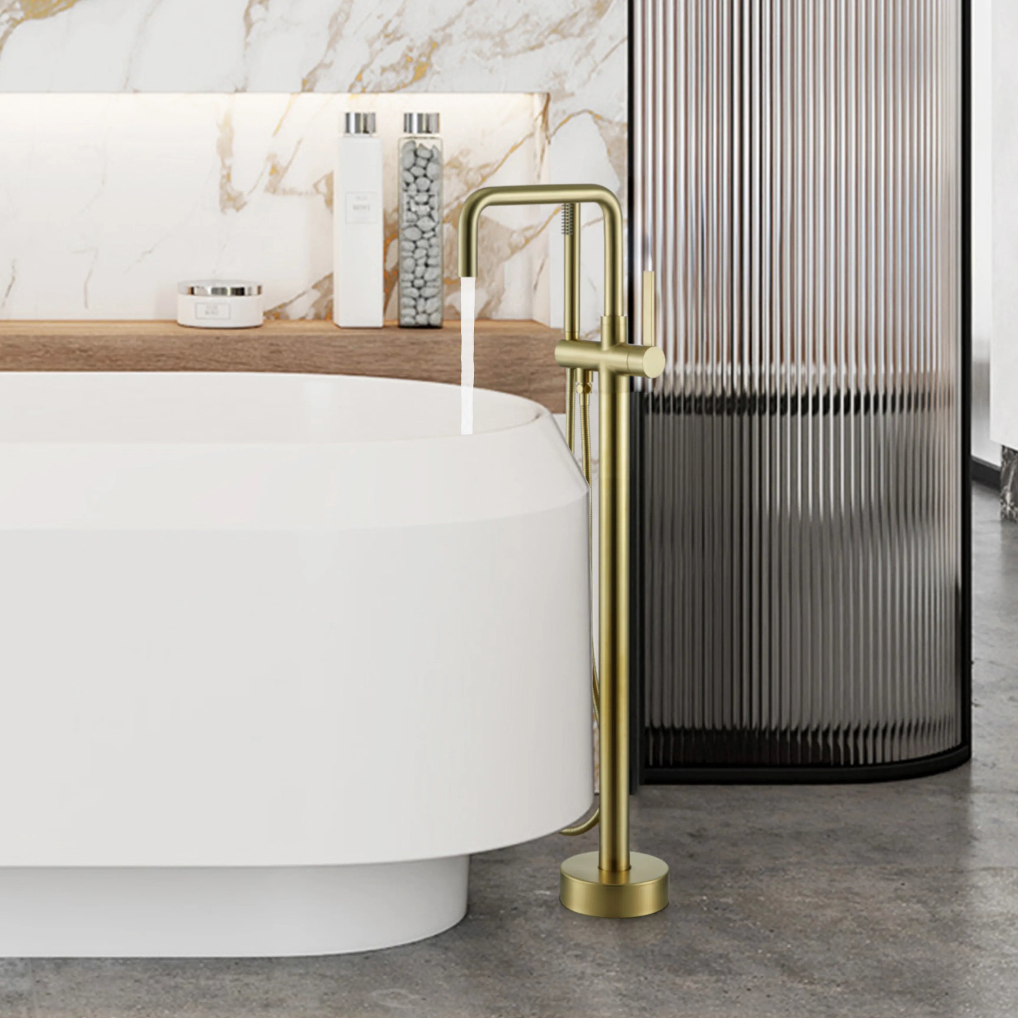 Floor Mounted Brushed Gold Bathtub Faucet With Tub Filler And Handheld Shower