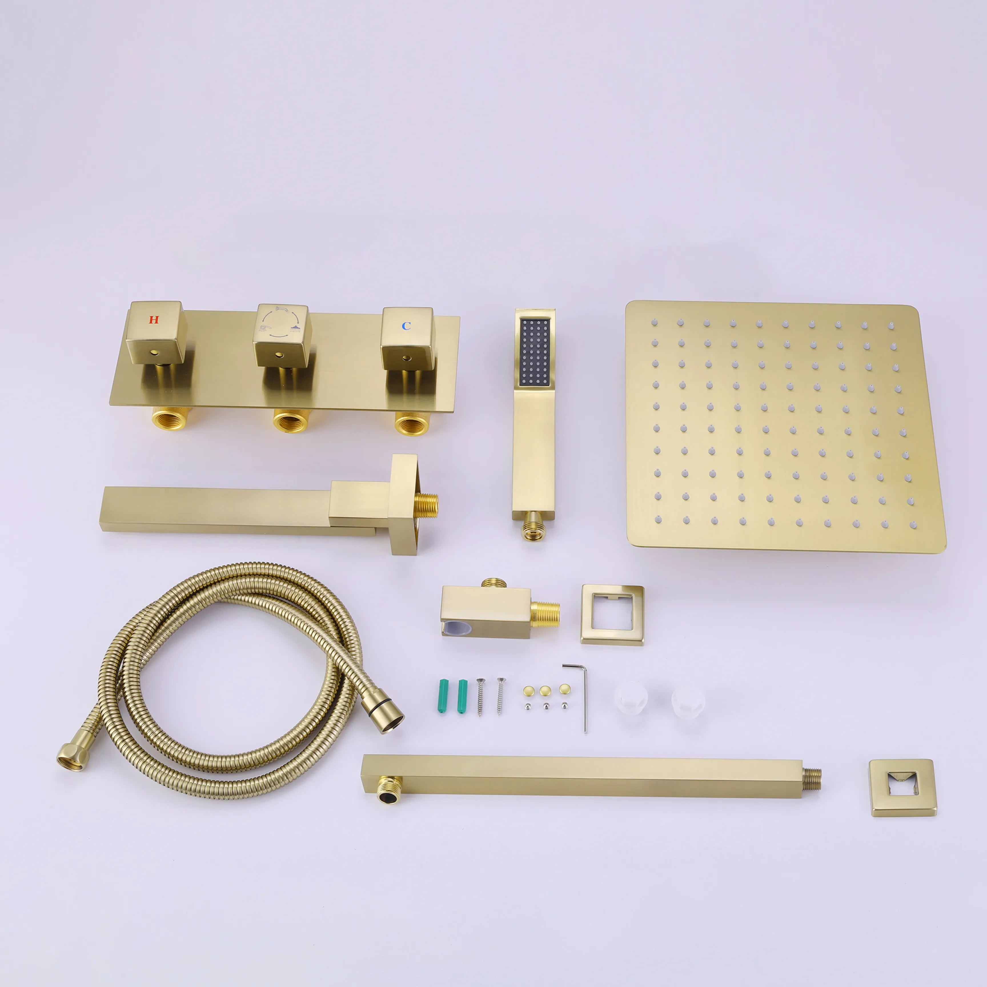 3-Function Brushed Gold Wall Mount Shower Set With Bathtub Tap