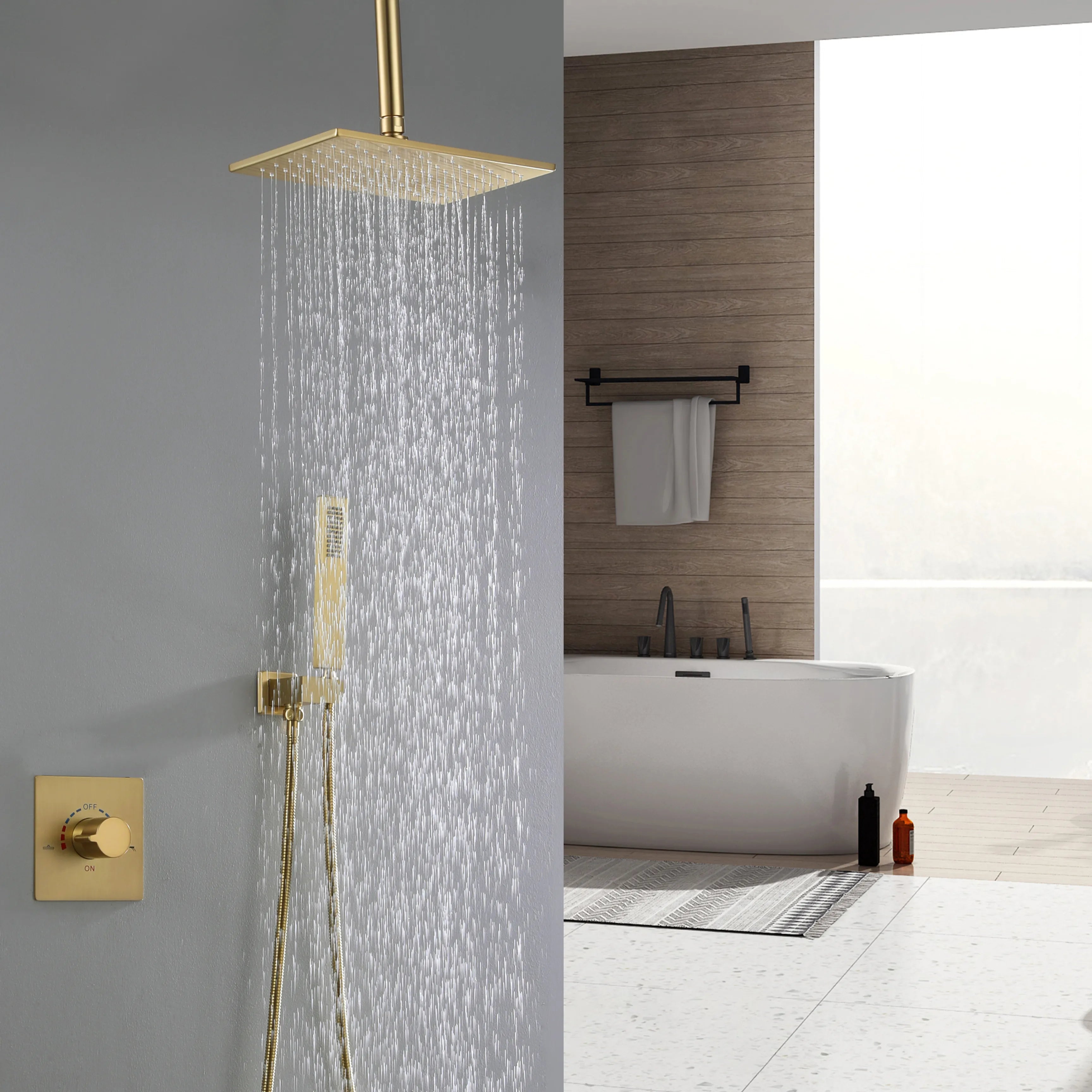 2-Function Matte Black Brushed Gold Ceiling Mount Shower System With Embedded Box