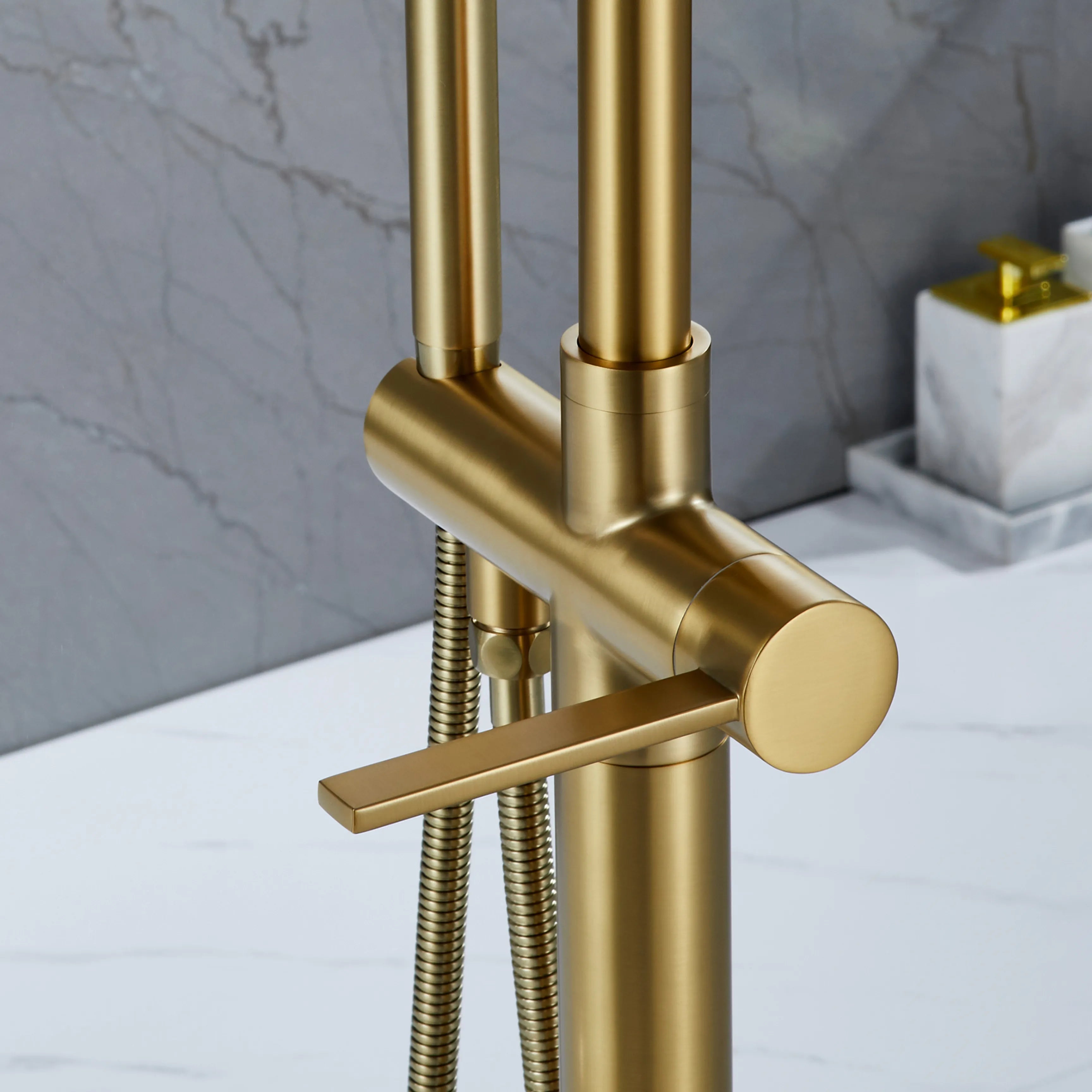 Brushed Gold Floor Mounted Bathtub Faucet With Tub Filler And Handheld Shower