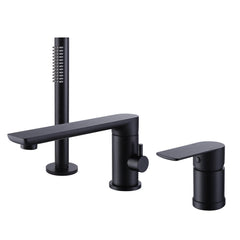 Deck Mounted Widespread Matte Black Bathtub Faucet Tub Filler With Hand Shower And Tub Spout