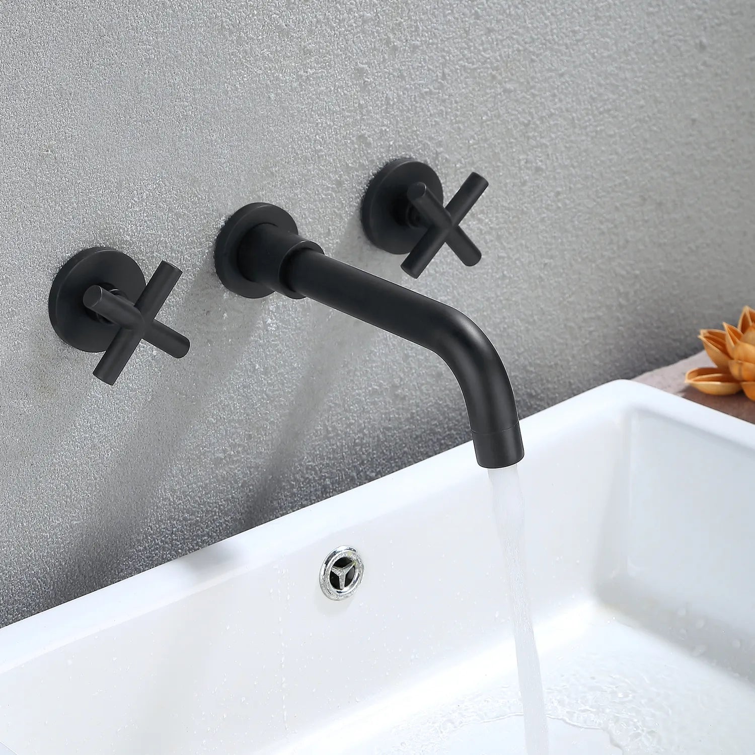 Cross-Shaped 2-Hand Wall Mount Bathroom Faucet In Matte Black/Brushed Gold