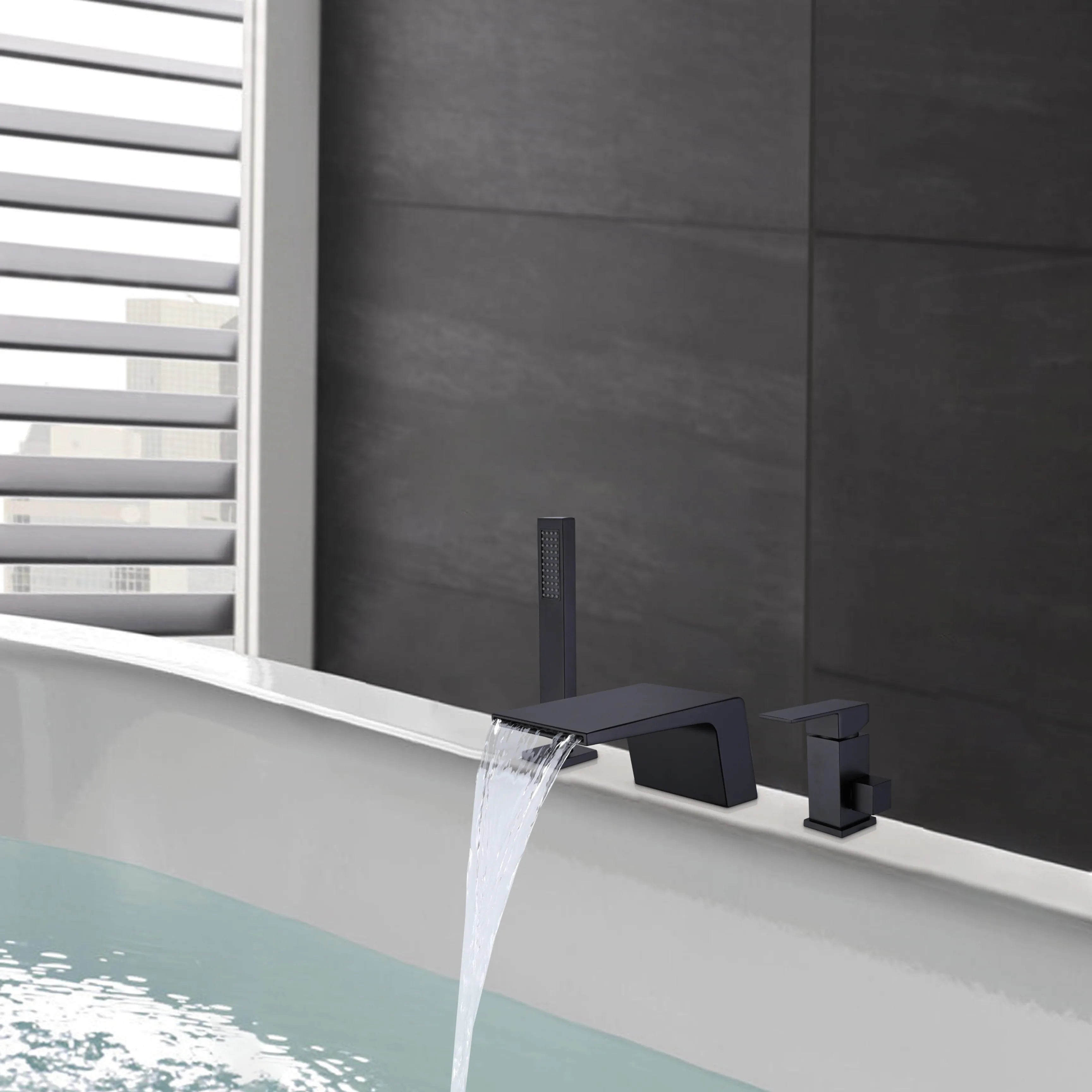 Deck Mounted Matte Black Bathtub Faucet With Waterfall Tub Filler And Hand Shower