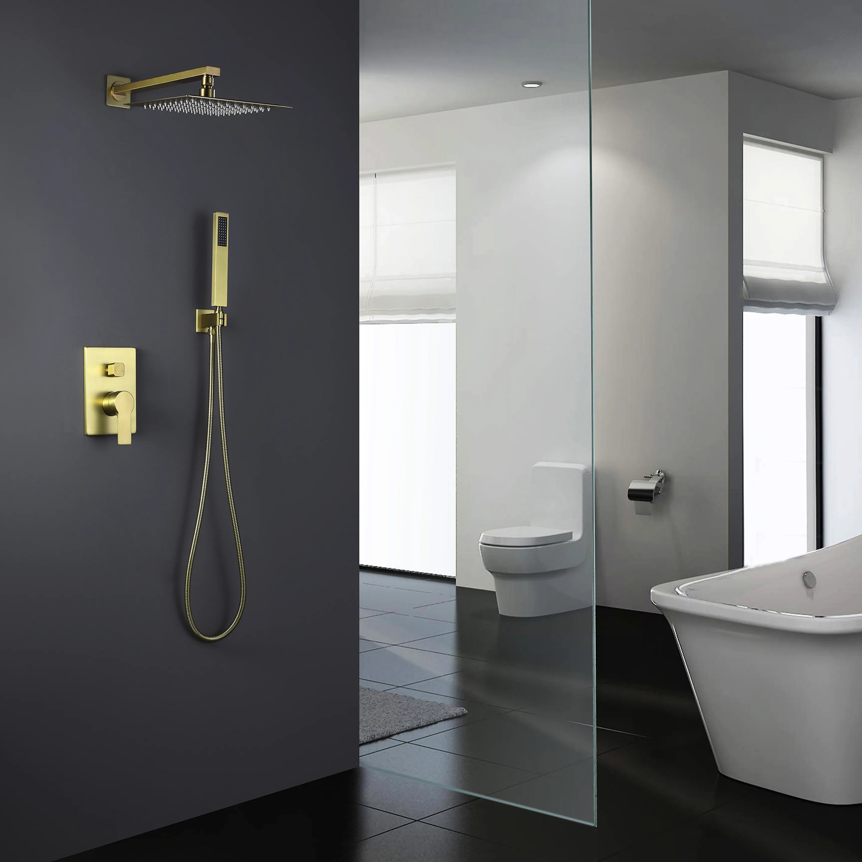 Brushed Gold 3-Function Bathroom Rain Shower System With Bathtub Tap