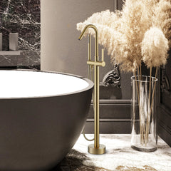 Brushed Gold Floor Mounted Bathtub Faucet With Tub Filler And Handheld Shower