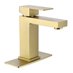 Raised Square 1-Hole Single Handle Bathroom Sink Faucet (With Deck Plate) In Brushed Gold