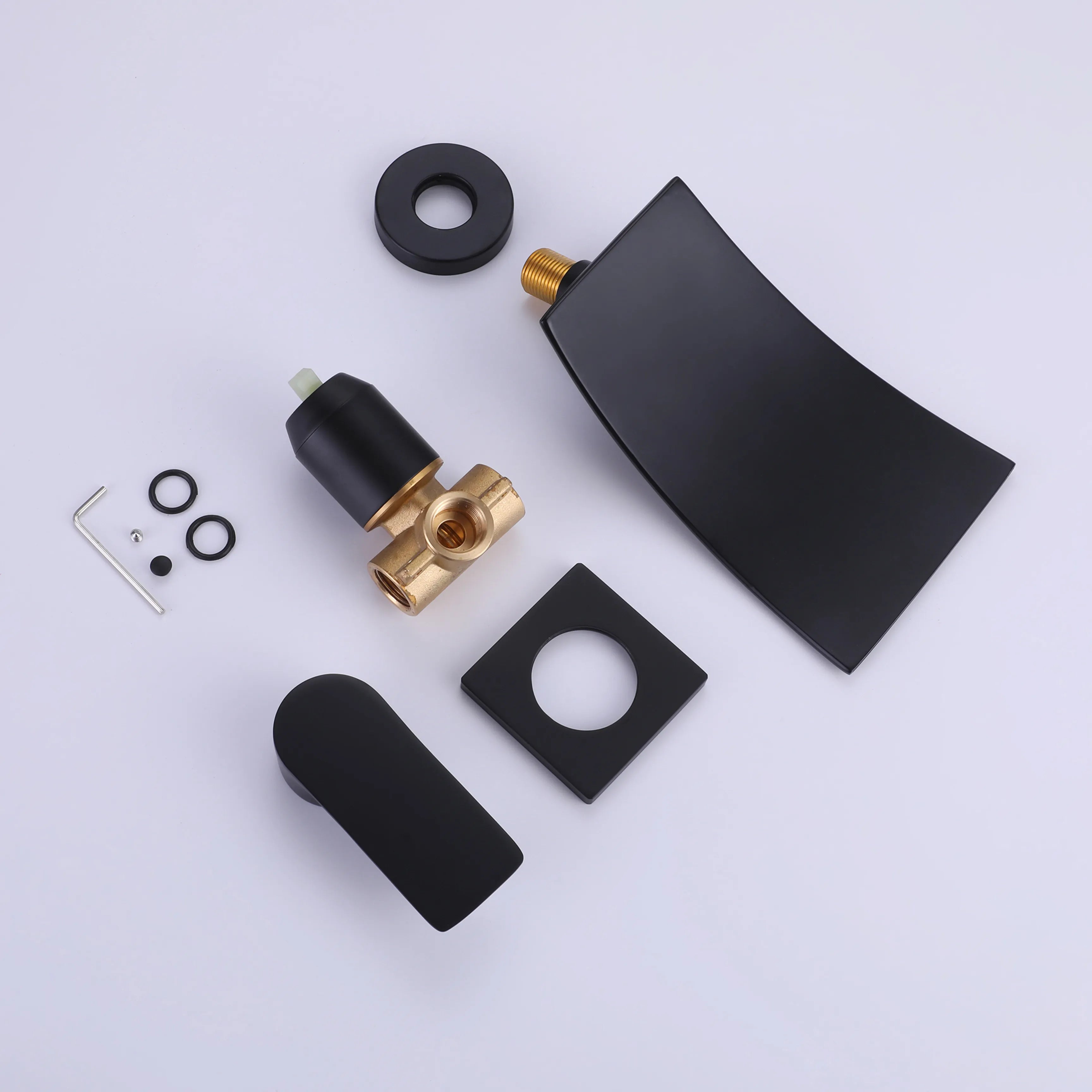 Wall Mounted Single Handle Waterfall Bathroom Faucet In Matte Black Brushed Gold