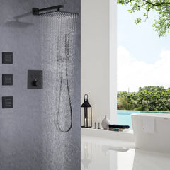 Matte Black 3-Function Shower System with Mixer Thermostatic Valve, Rain Shower Head, Hand Shower And 3 Body Jets