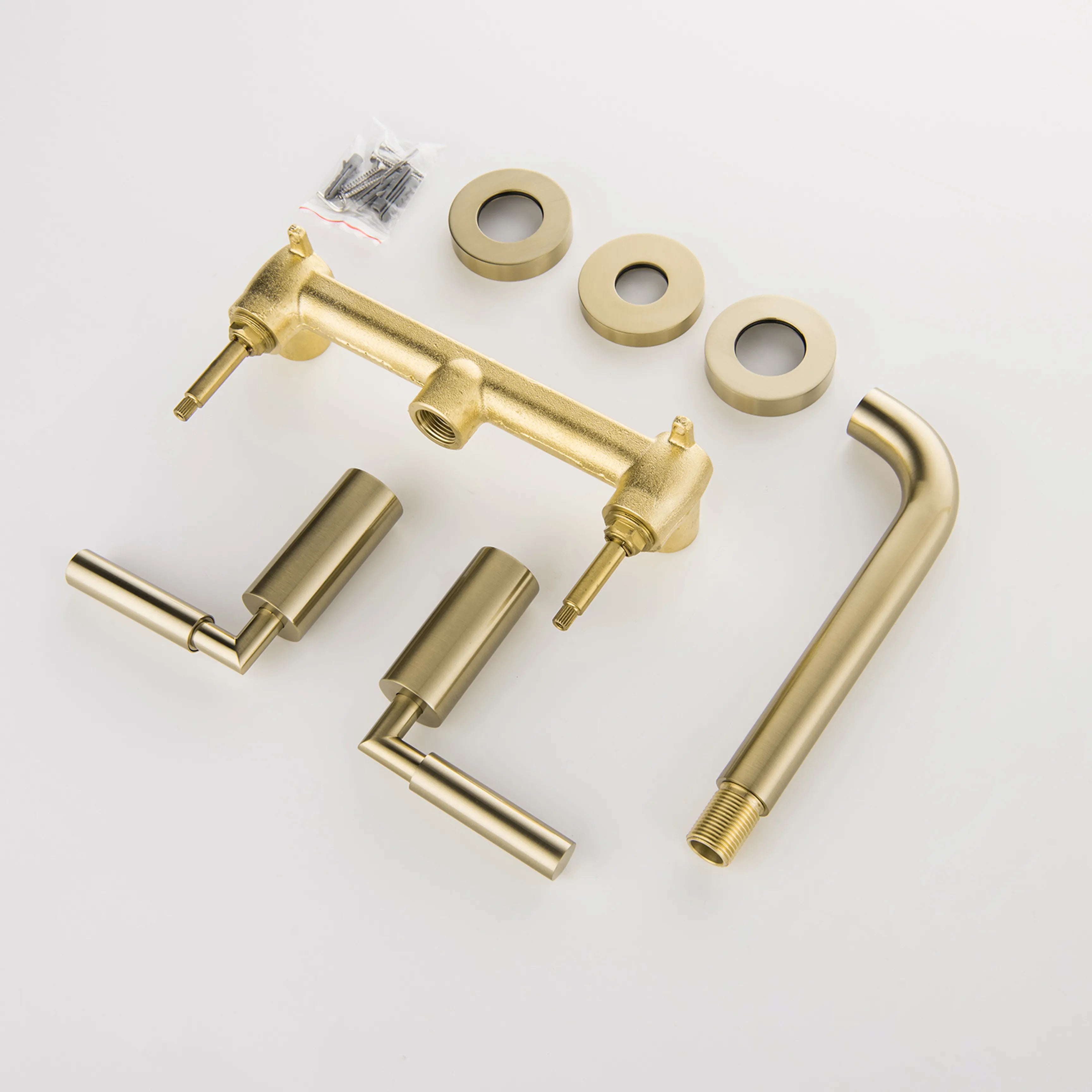 2-Handle Wall Mounted Bathroom Faucet In Matte Black Brushed Gold