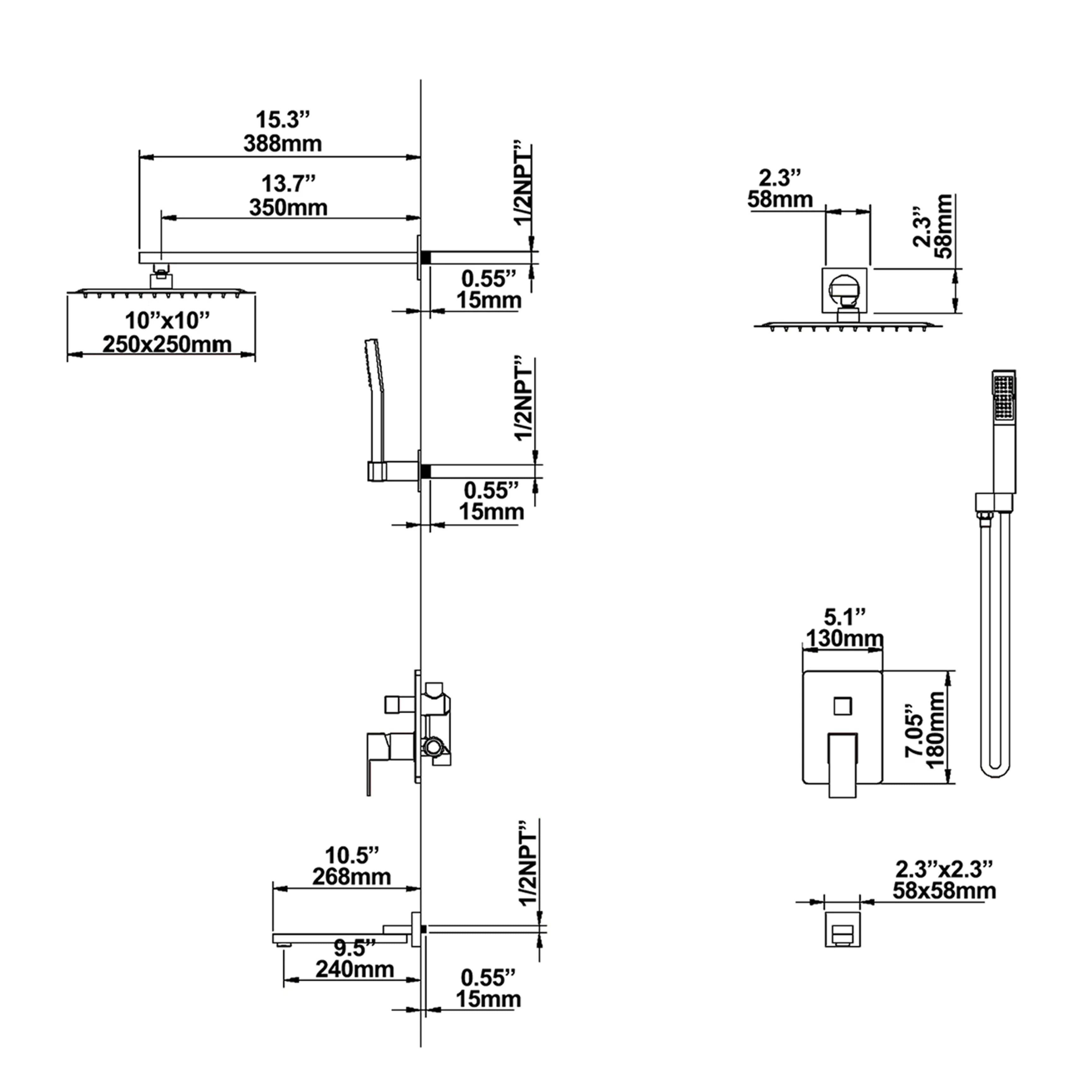 Brushed Gold Shower System With Pressure Balance Valve, Rain Shower Head,Handheld Shower Head ,Swivel Tub Spout