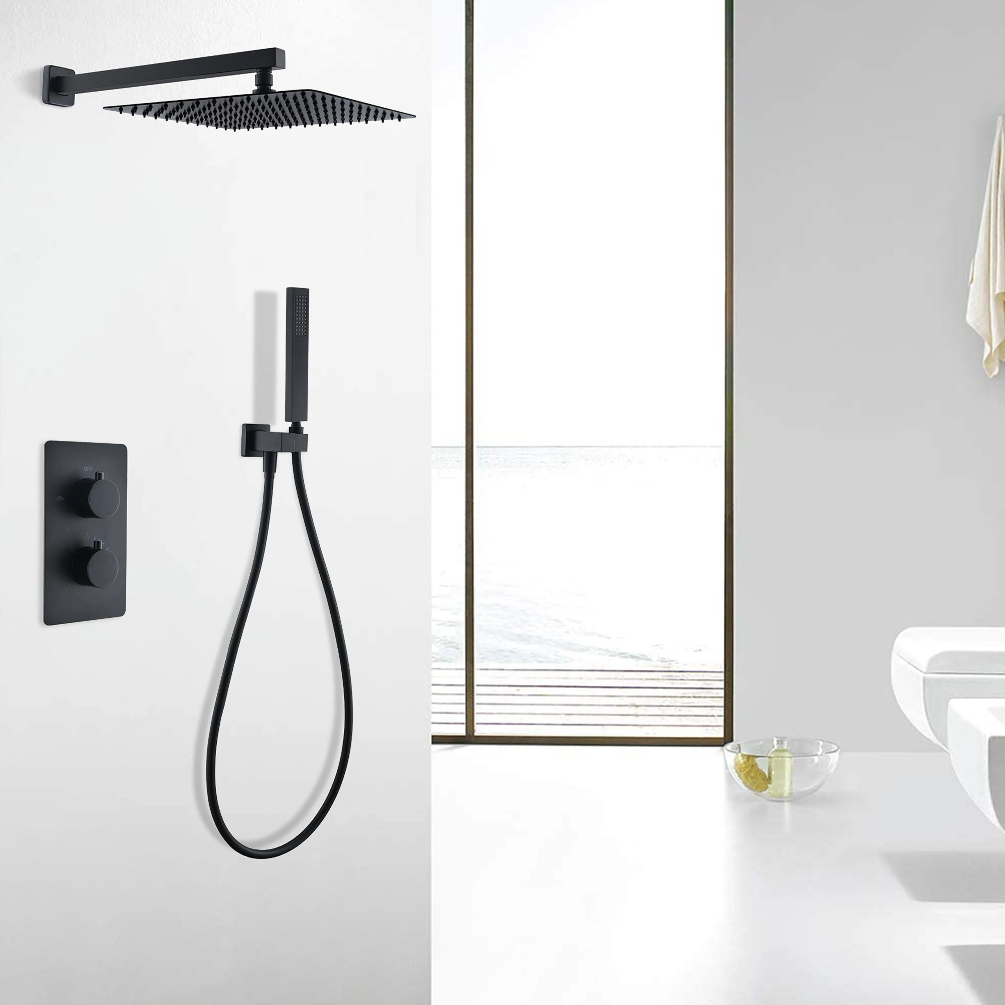 Matte Black Thermostatic Shower System With Rain Shower Head And Handheld Shower Head