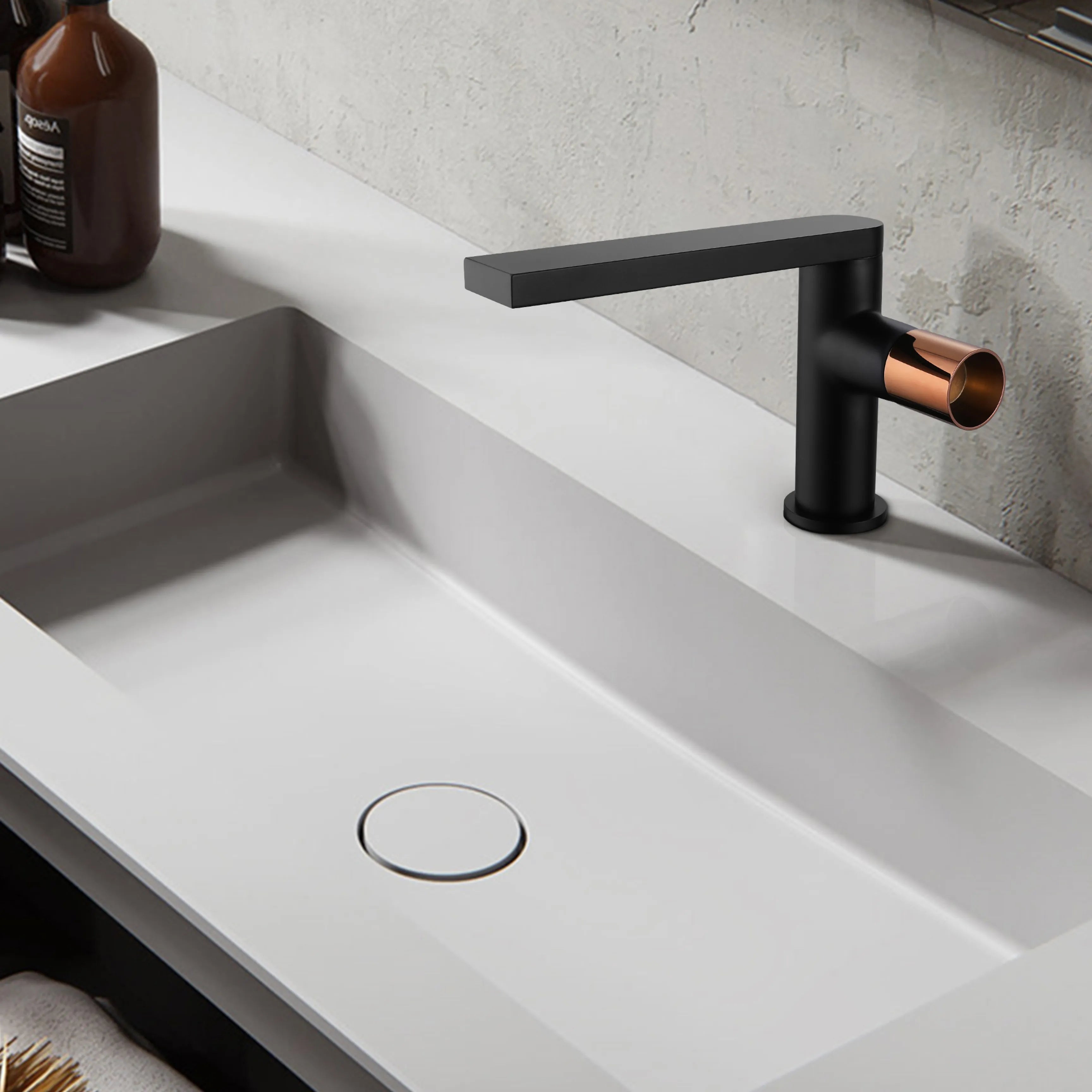 Modern Matte Black Bathroom Sink Faucet With Rose Gold Knob