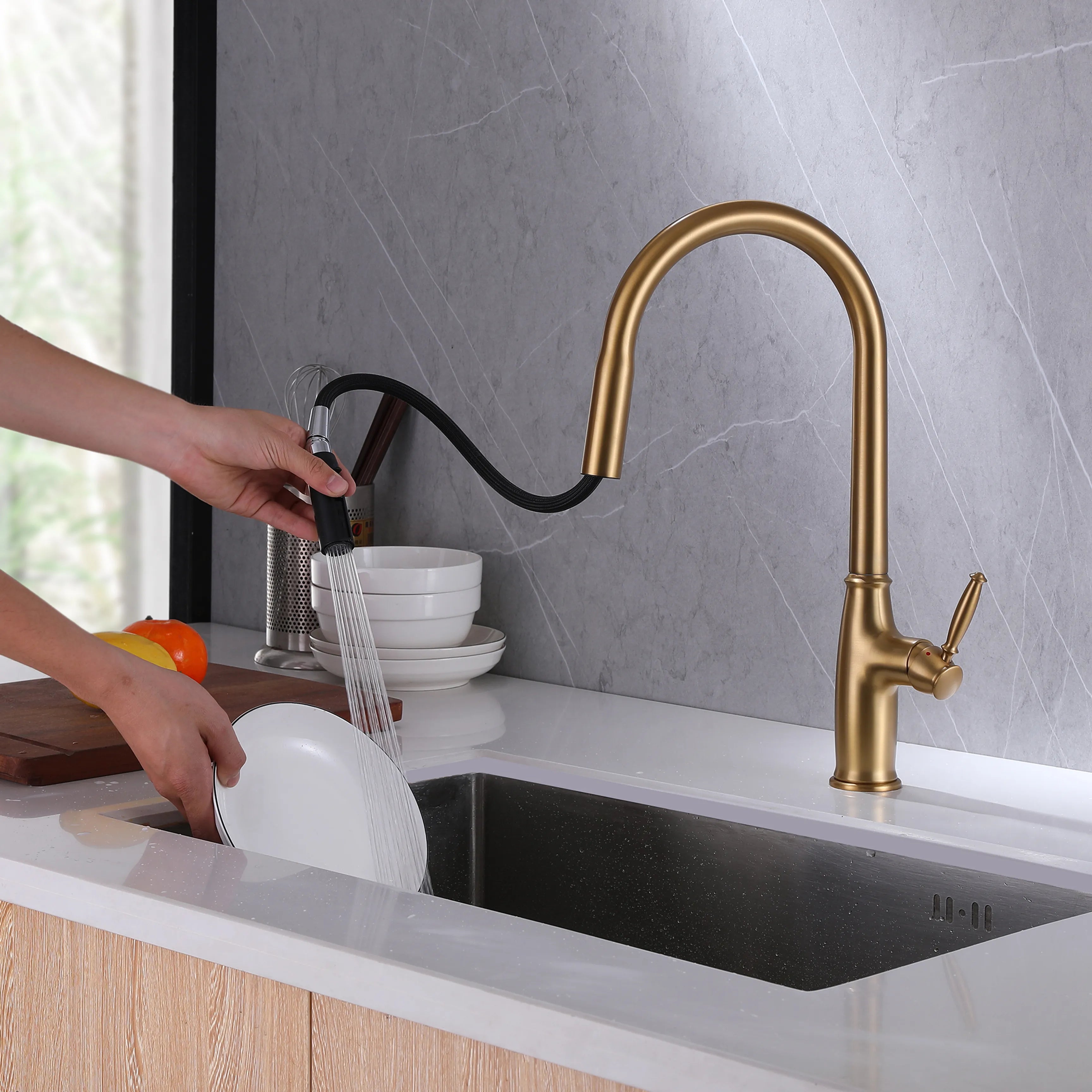 Single Hole Pull Down Kitchen Sink Faucet In Brushed Gold