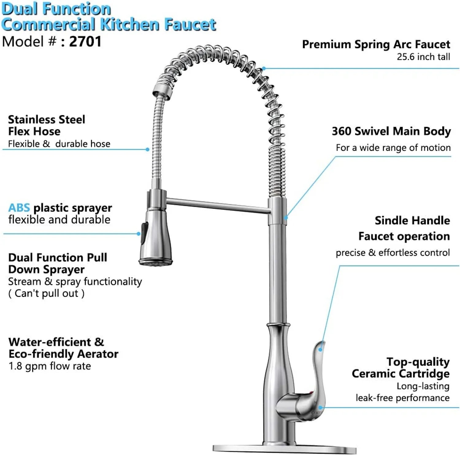 Pull Down High Arc Kitchen Faucet In Brushed Nickel