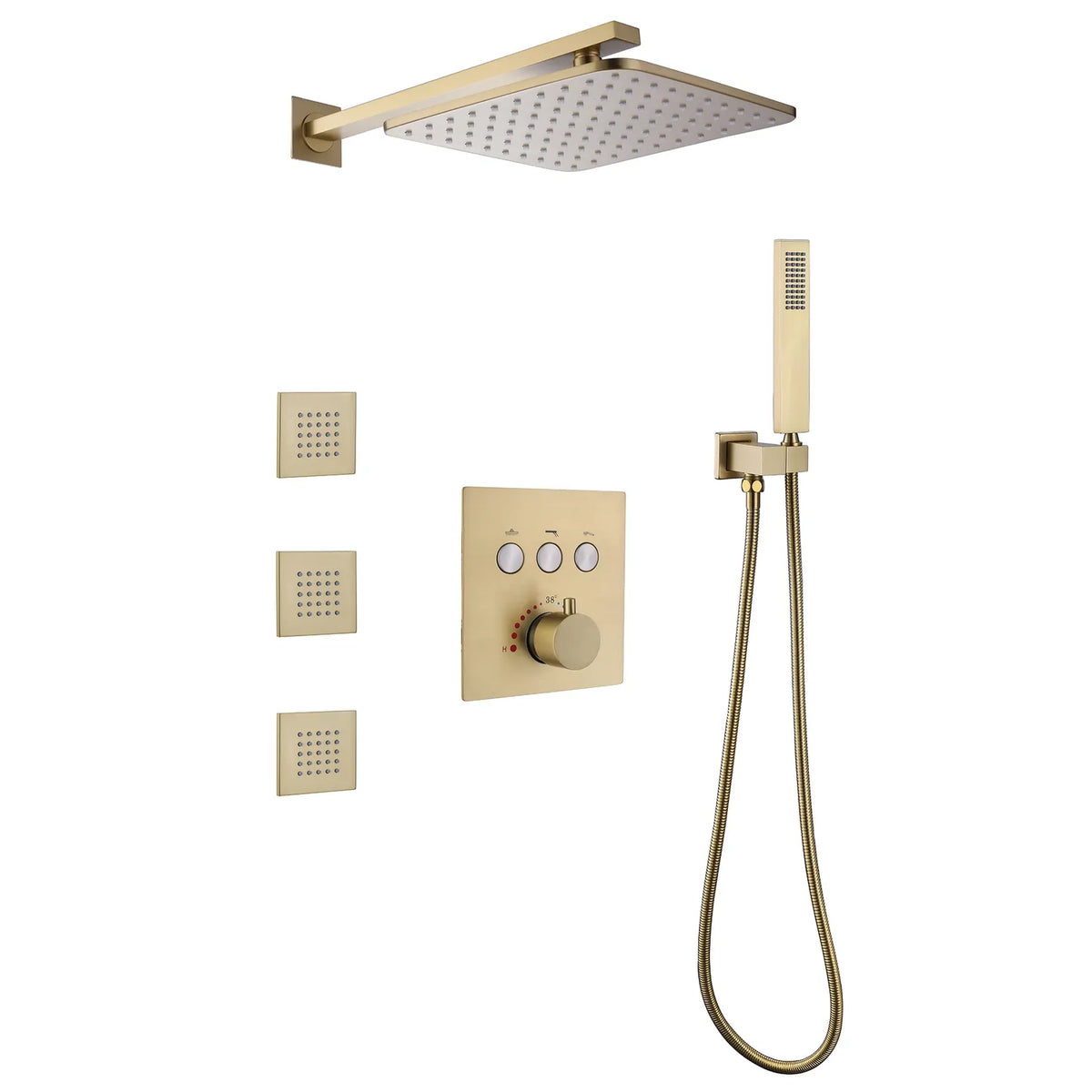 Brushed Gold Shower System With 4 Body Jets, Pressure Balance Shower Valve, 10" Rain Shower Head and Handheld Shower Head