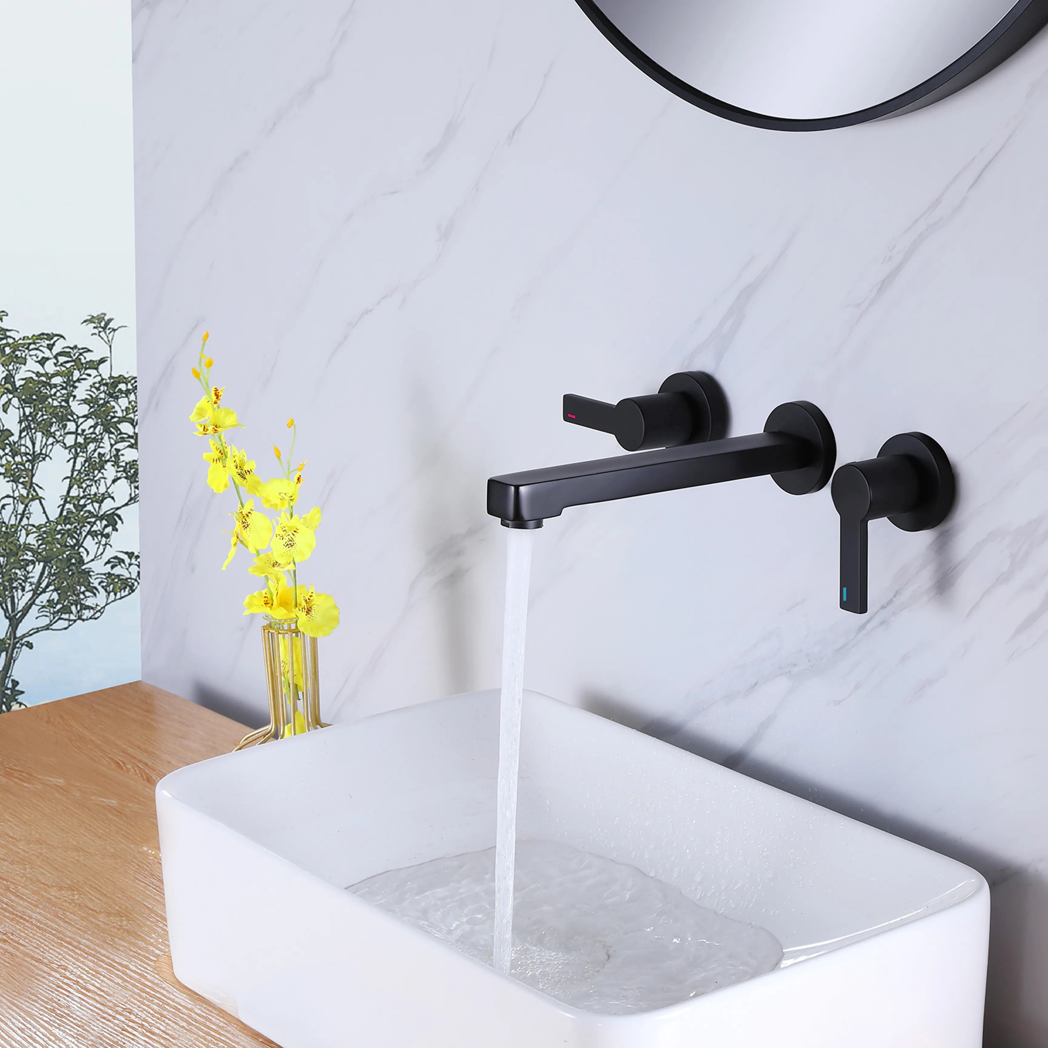 Matte Black Wall Mounted Two Handle Bathroom Sink Faucet