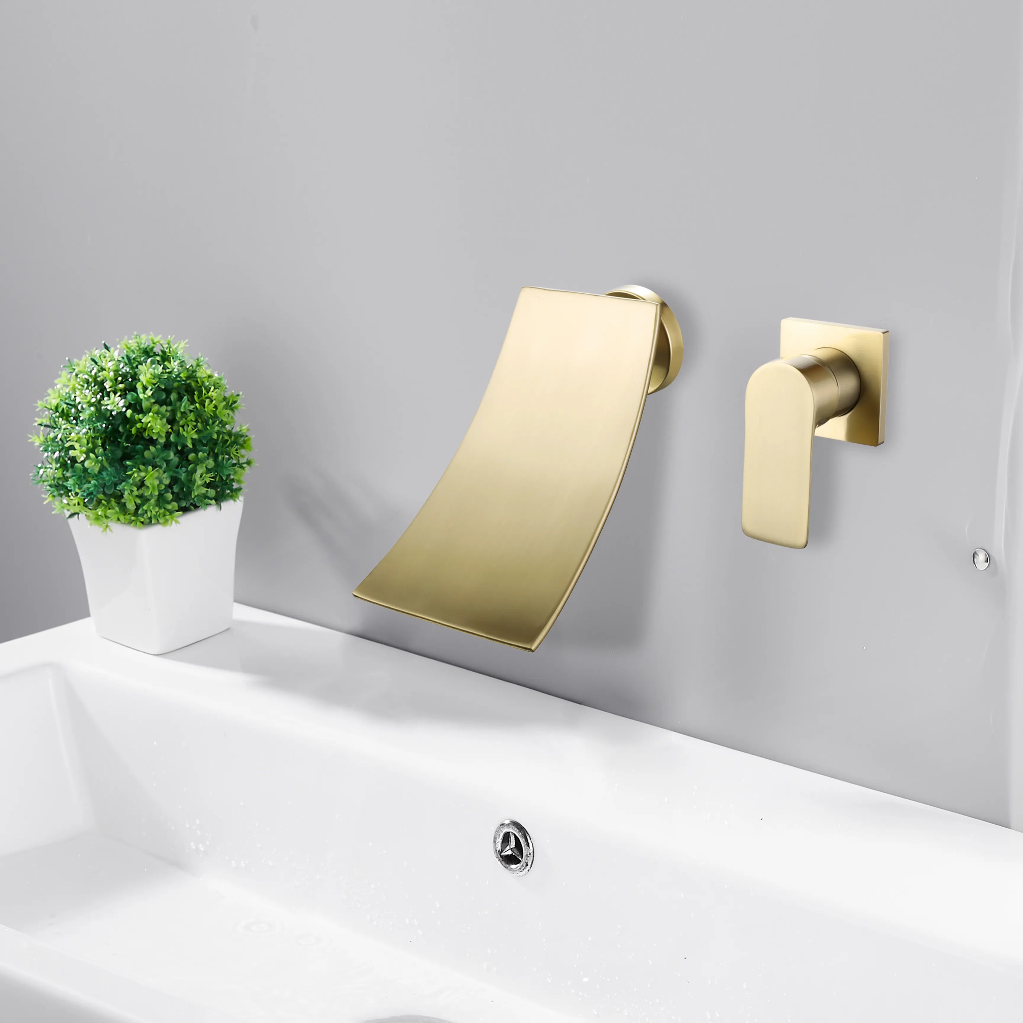 Wall Mounted Single Handle Waterfall Bathroom Faucet In Matte Black Brushed Gold