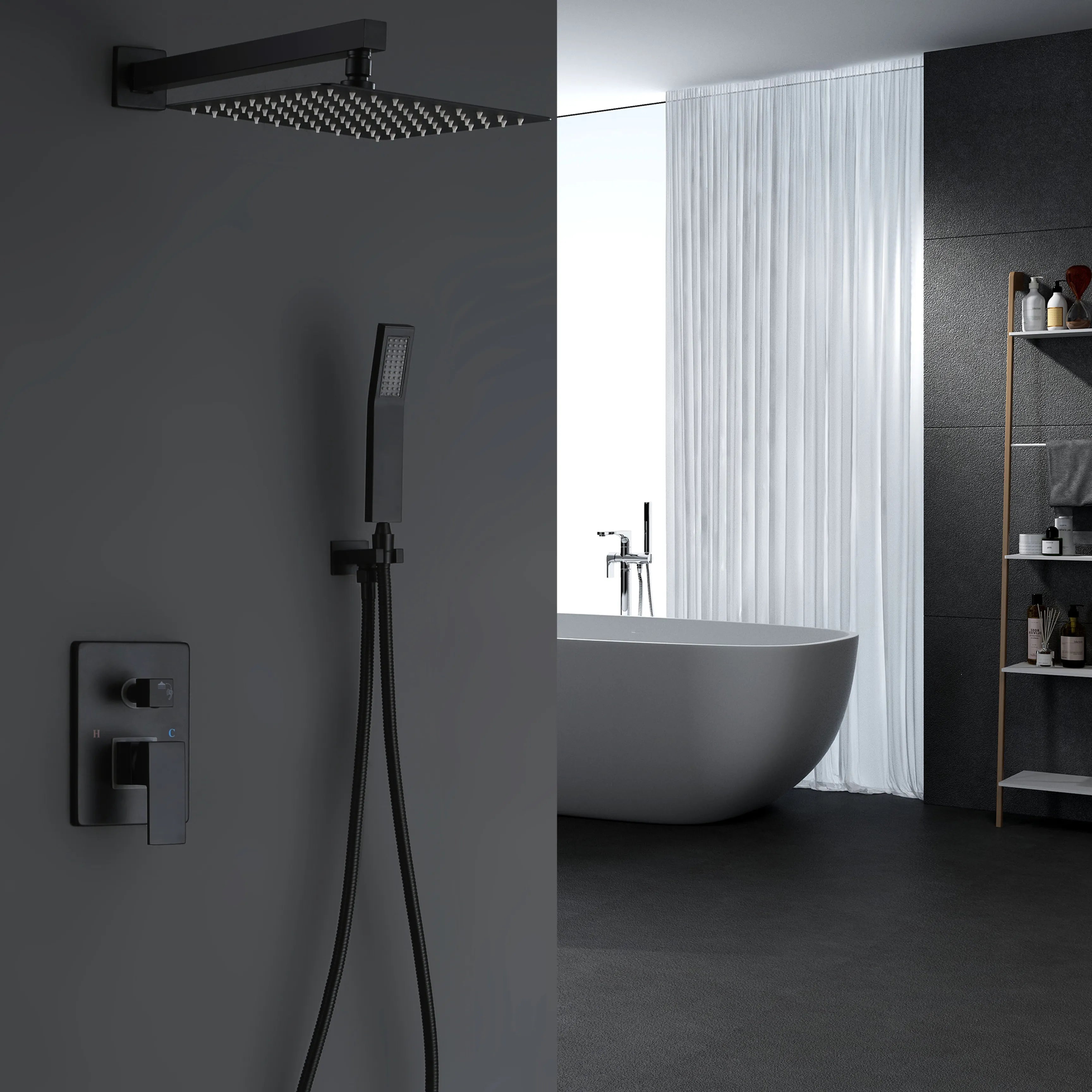 Matte Black Bathroom Shower Set With Handheld Shower Head And Rain Shower Head