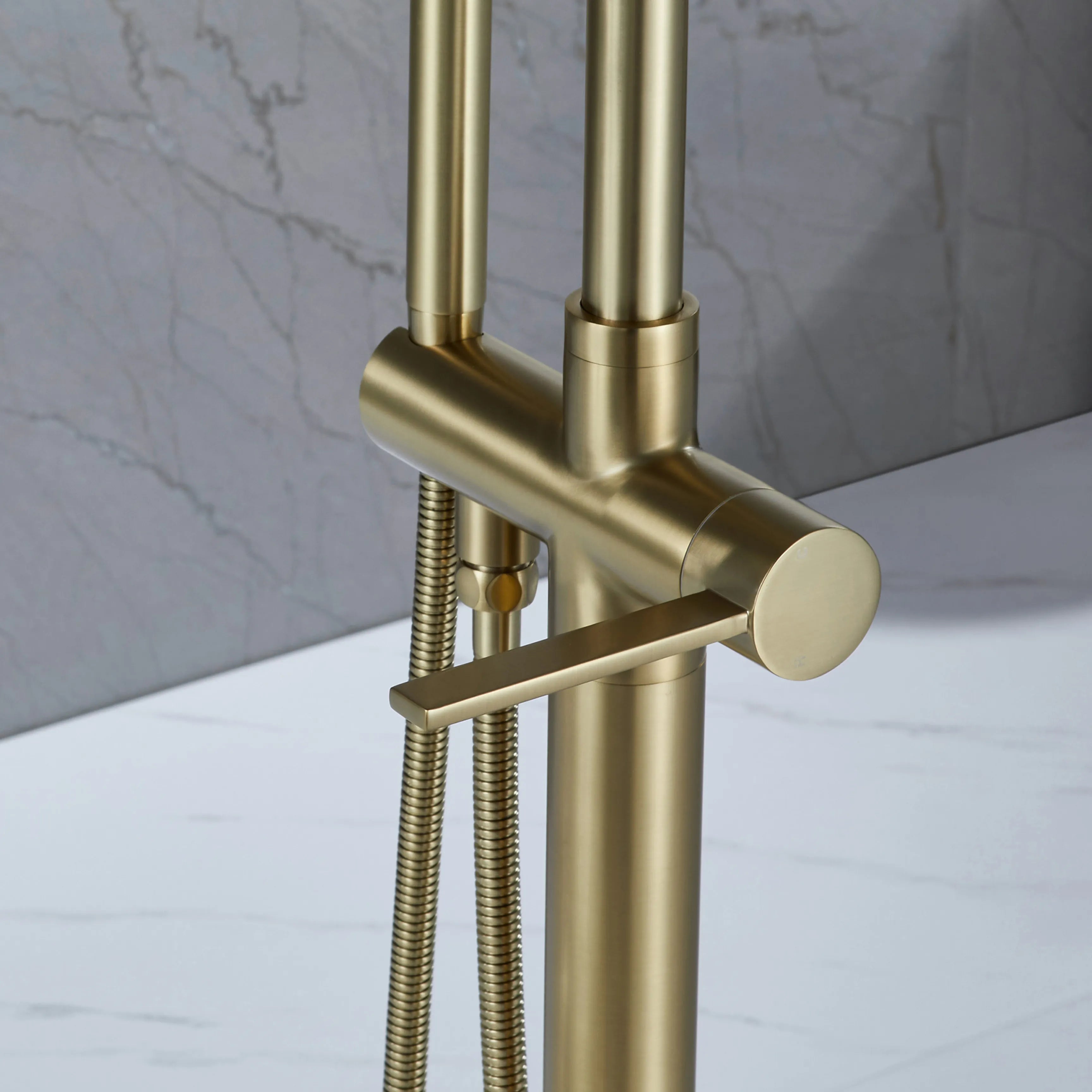 Floor Mounted Brushed Gold Bathtub Faucet With Tub Filler And Handheld Shower