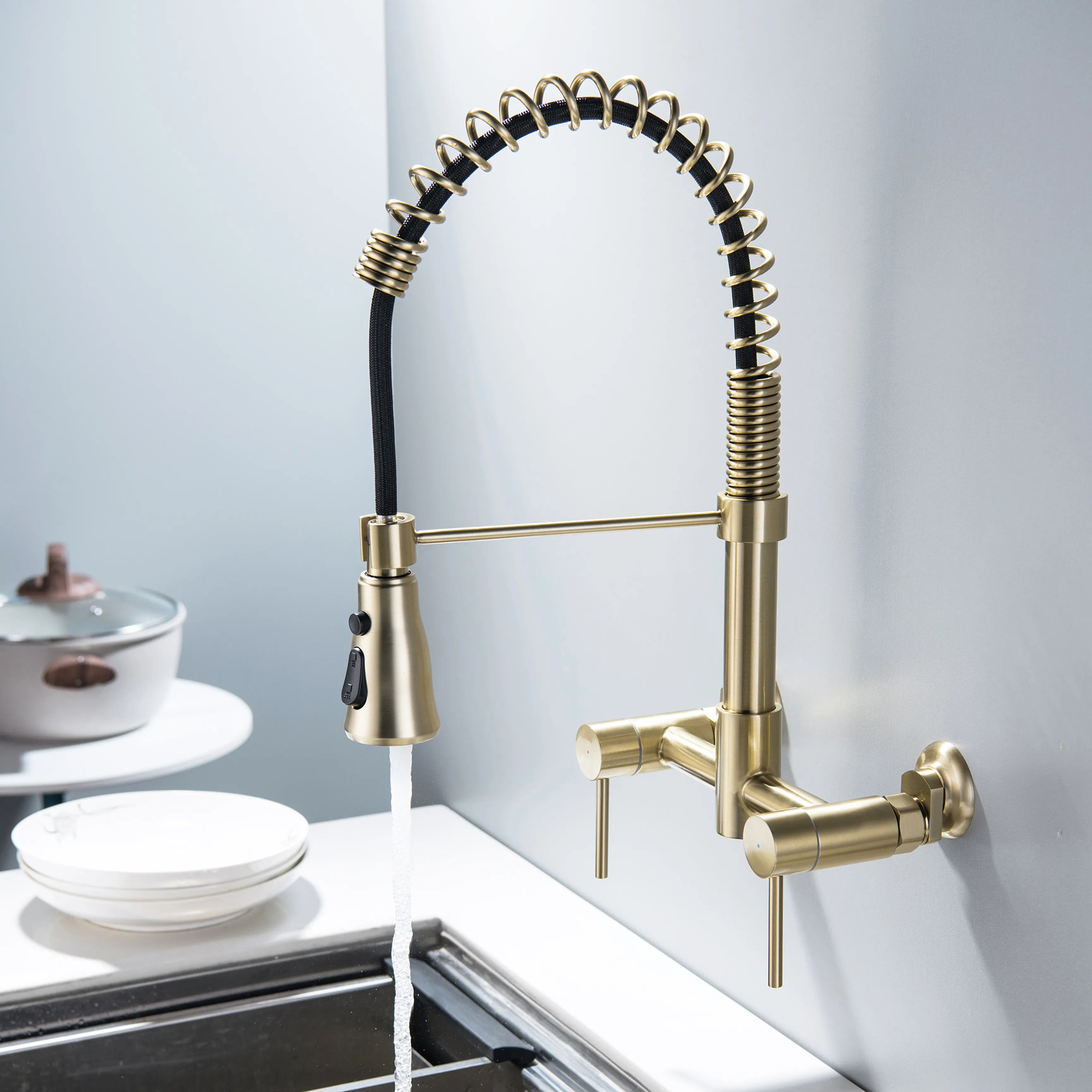 2-Handle Pull-Down Bridge Kitchen Faucet In Matte Black/Brushed Gold