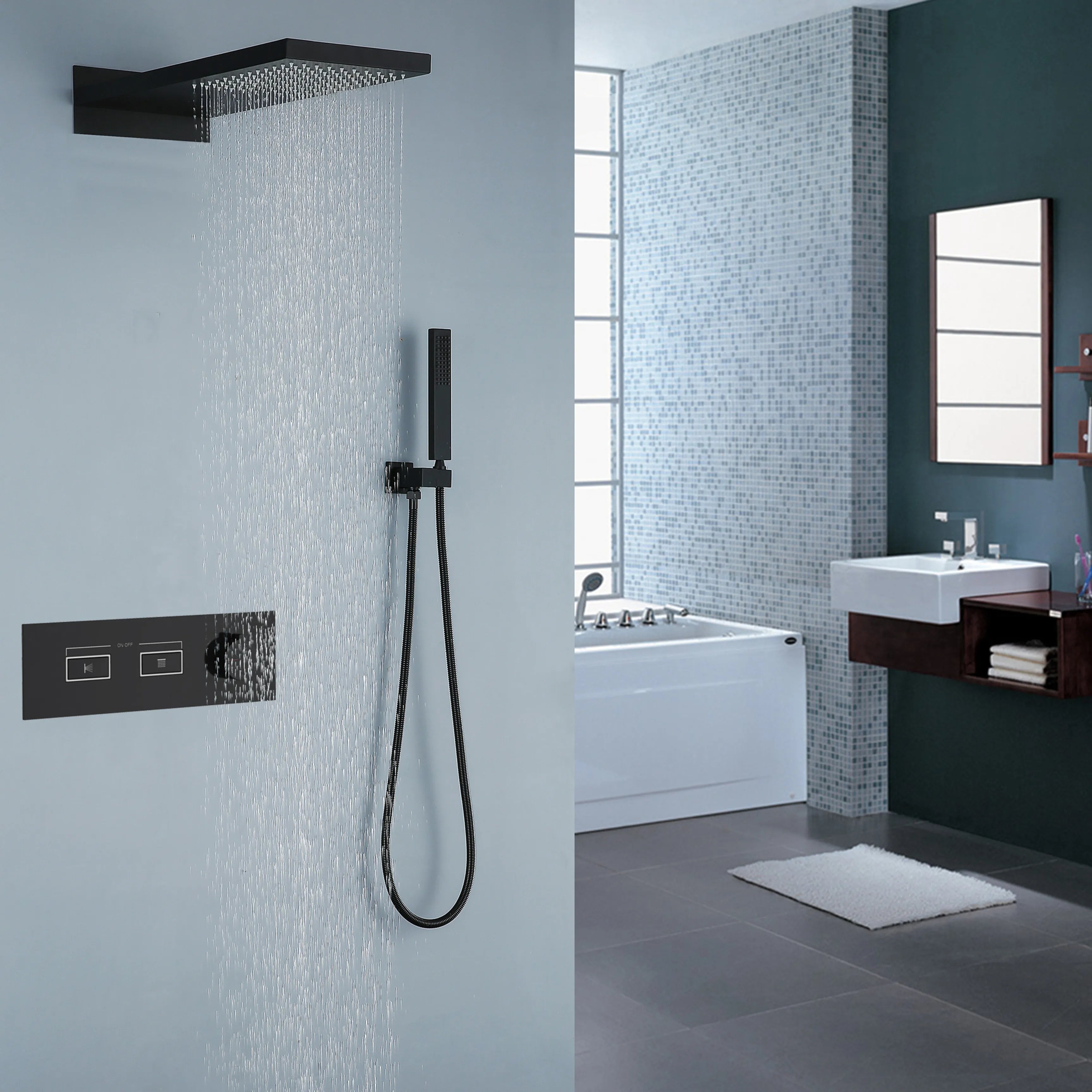 Matte Black Luxury Rainfall Thermostatic Shower System With Handheld Shower Head