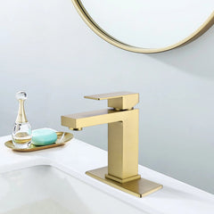 Raised Square 1-Hole Single Handle Bathroom Sink Faucet (With Deck Plate) In Brushed Gold