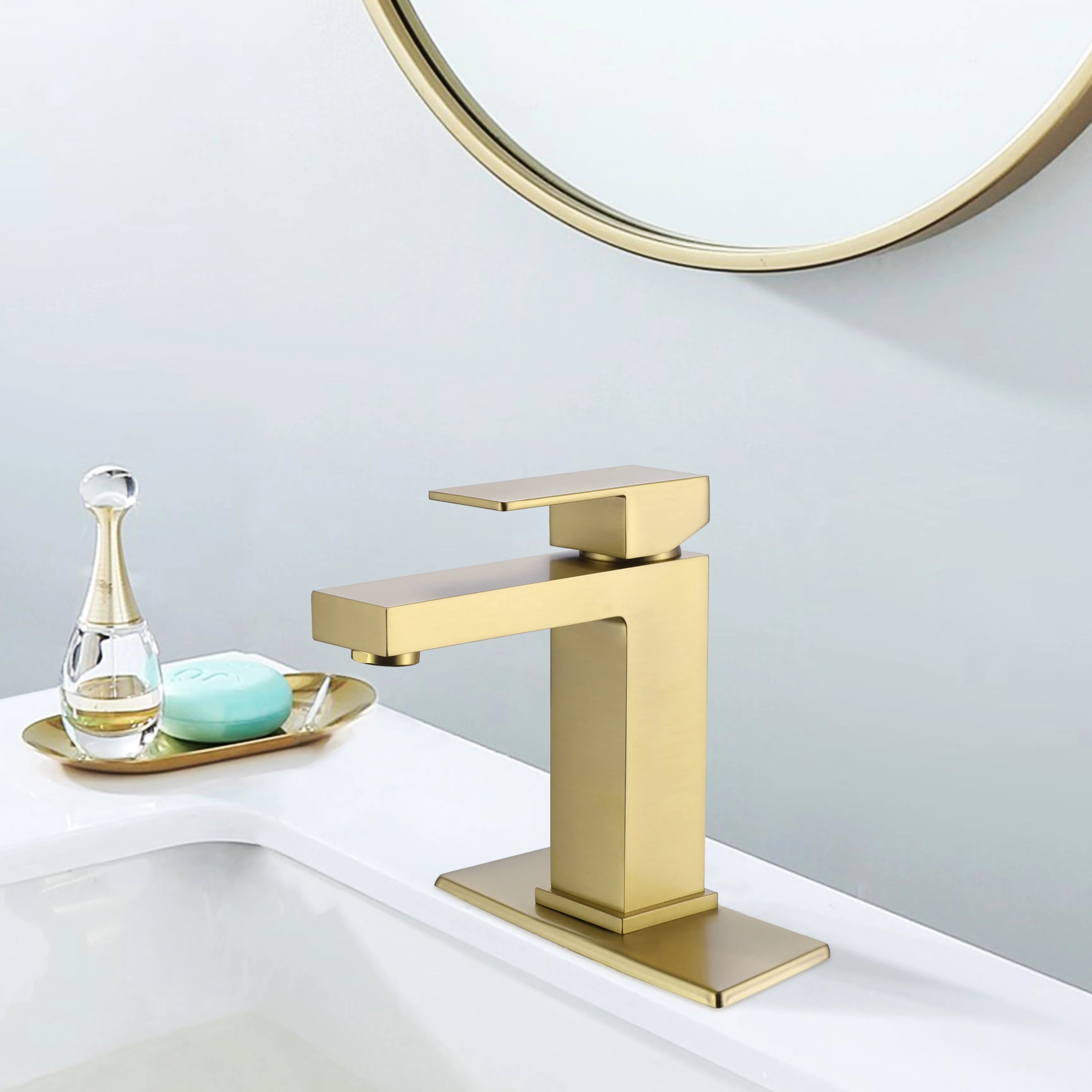 Square Single Hole 1-Handle Bathroom Sink Faucet (With Cover Plate) In Brushed Gold