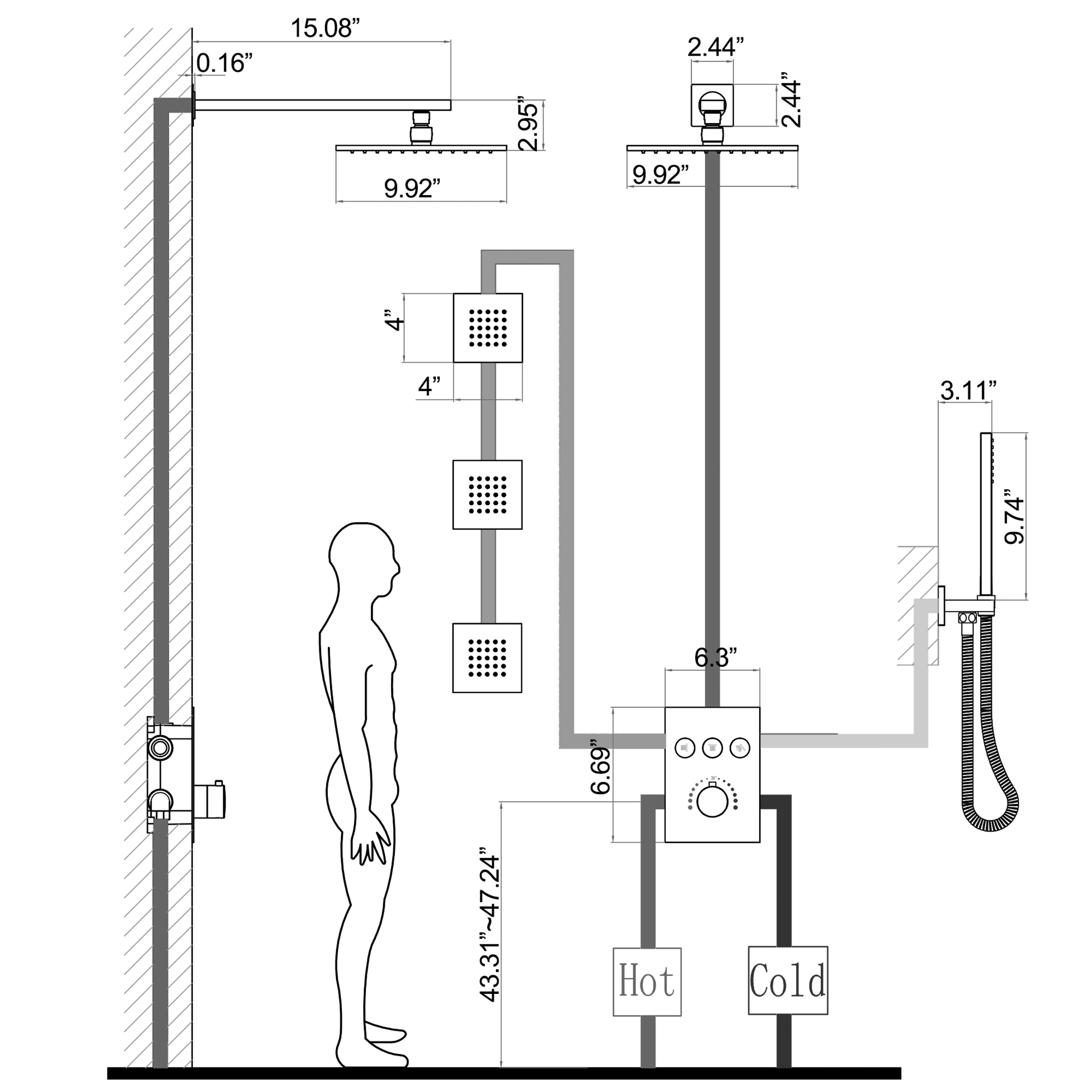 Matte Black 3-Function Shower System with Mixer Thermostatic Valve, Rain Shower Head, Hand Shower And 3 Body Jets