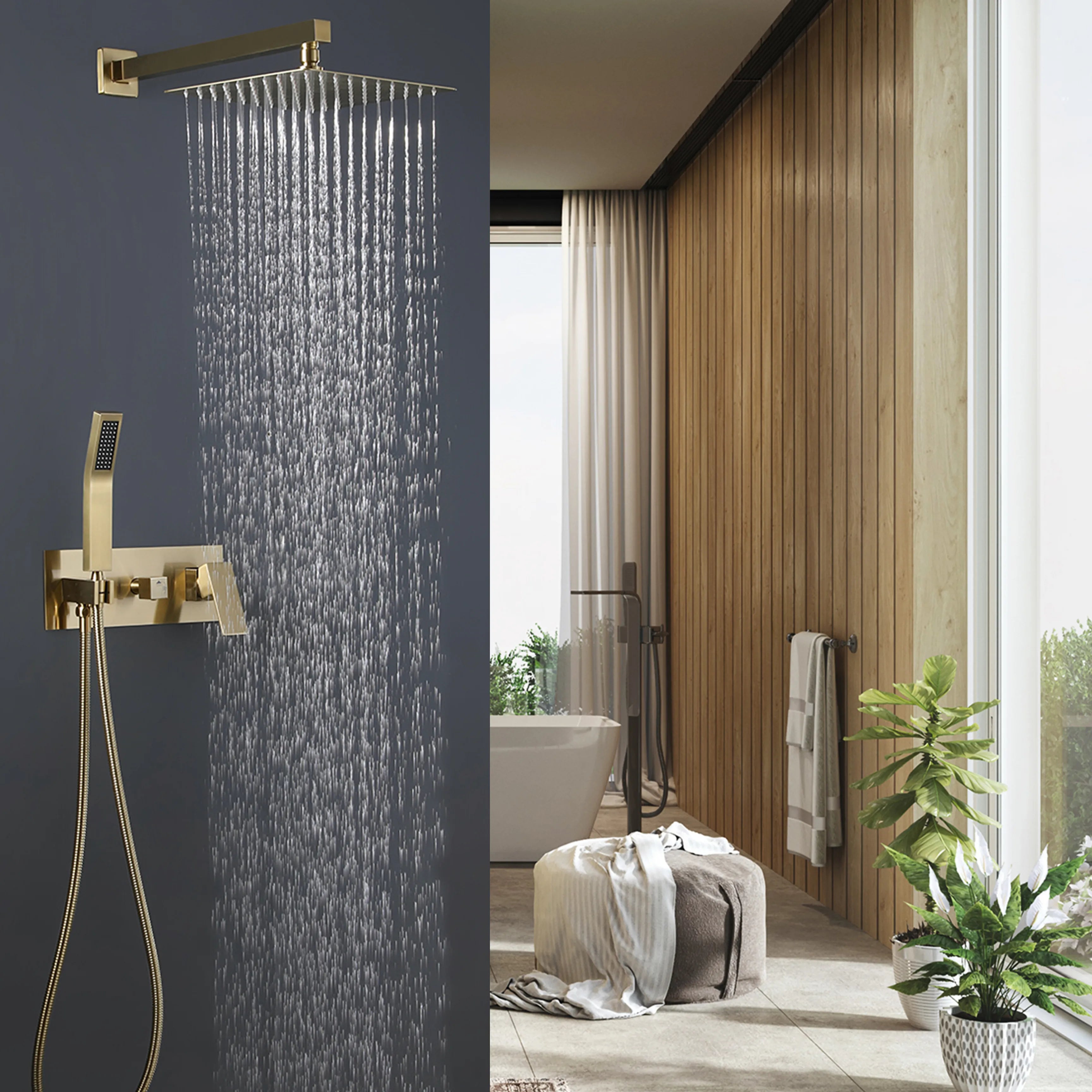 Luxury Brushed Gold Rain Shower System With Pressure Balance Valve, 10" Rain Shower Head And Handheld Shower Head