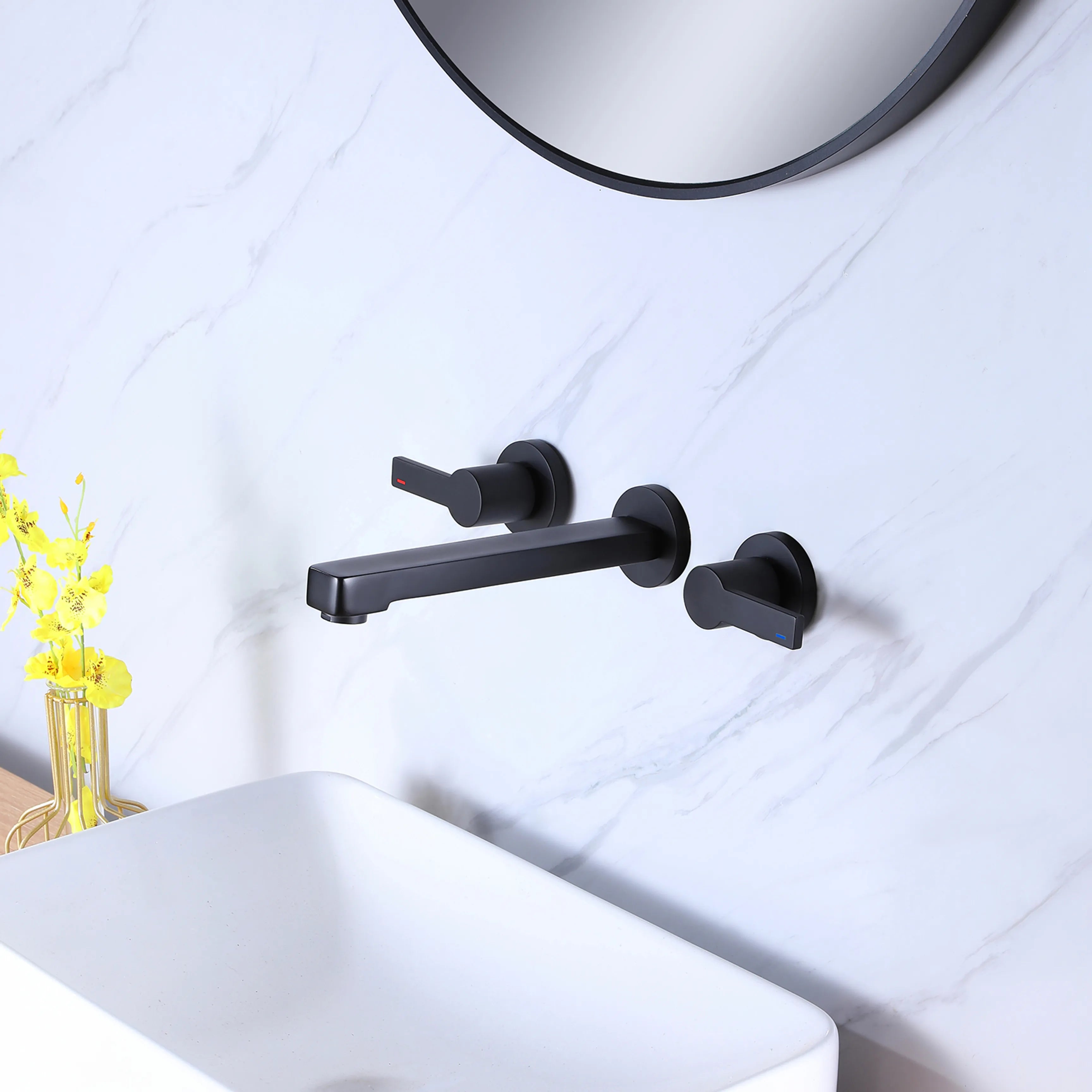 Matte Black Wall Mounted Two Handle Bathroom Sink Faucet