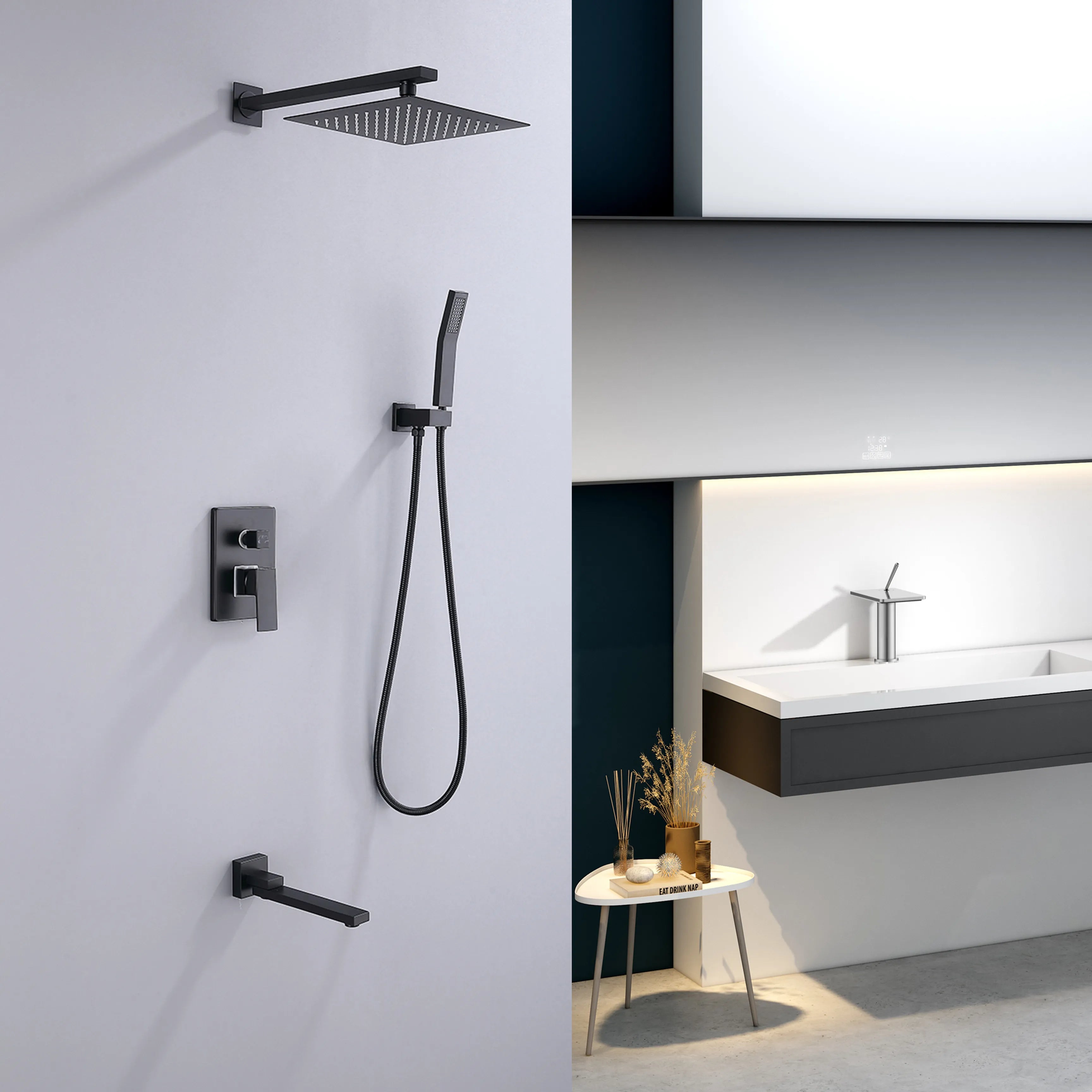 Matte Black Shower System With Rain Shower Head, Handheld Shower Head And Bathtub Tap