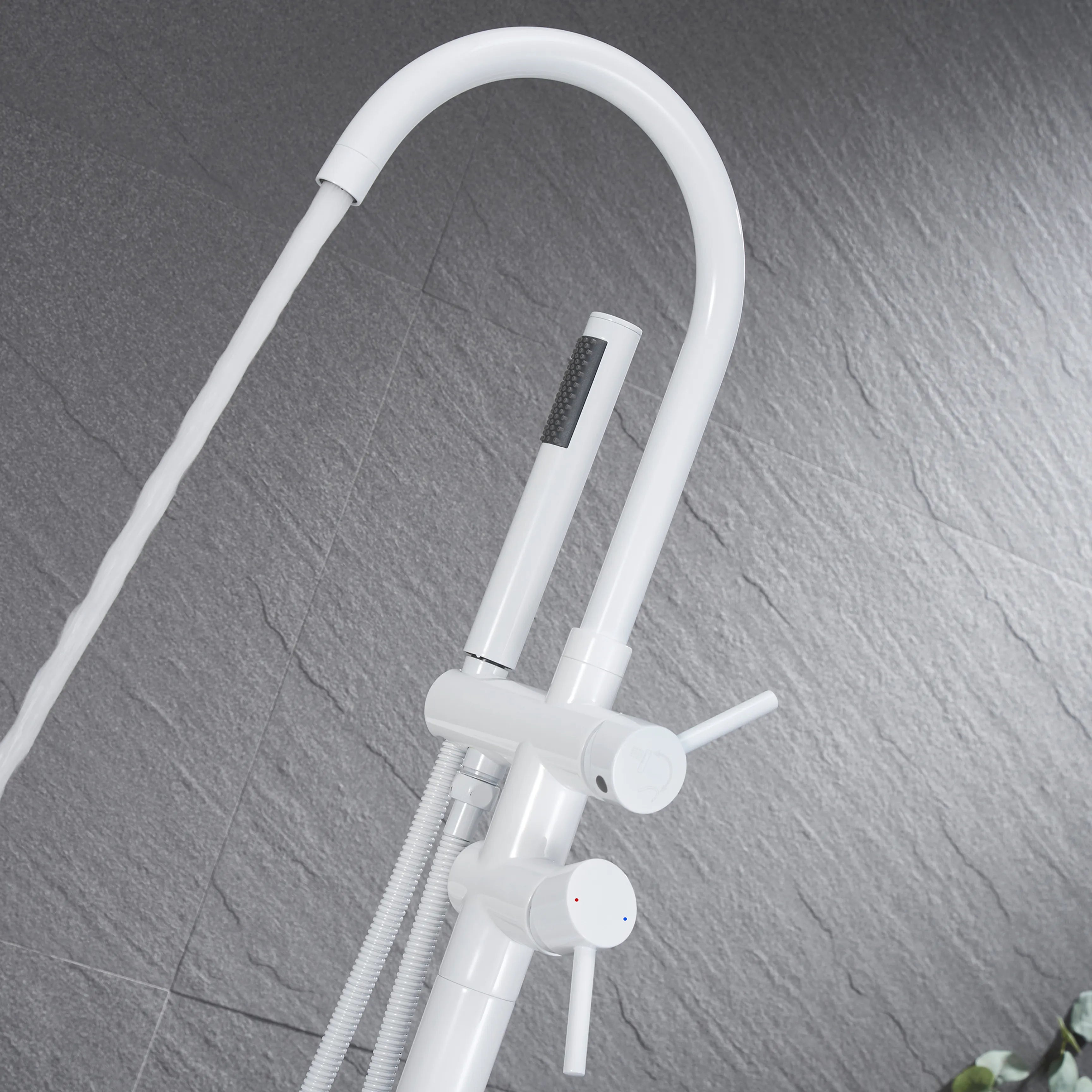 White Floor Mounted Bathtub Faucet With Tub Filler And Handheld Shower