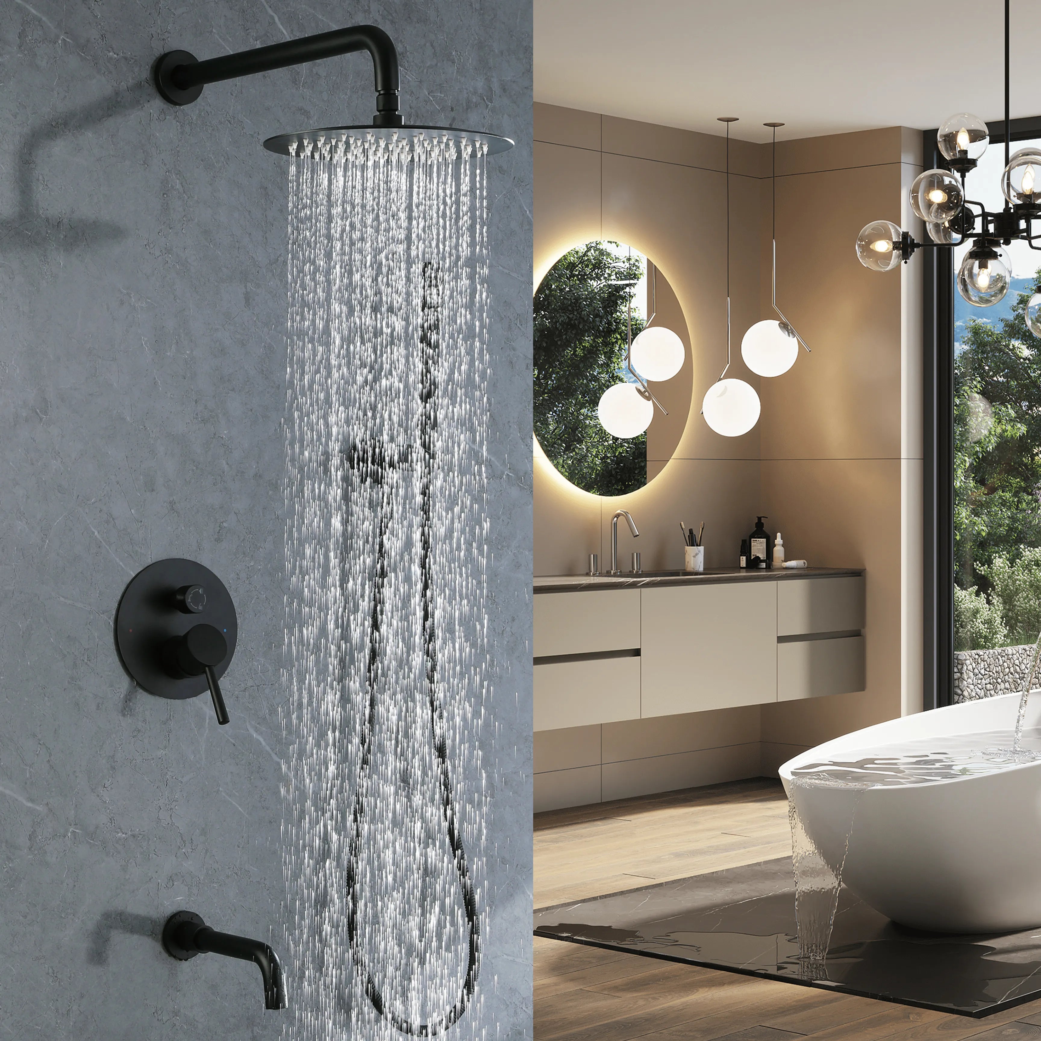 Rain Shower System With Handheld Shower And Swivel Tub Spout In Brushed Gold/Matte Black