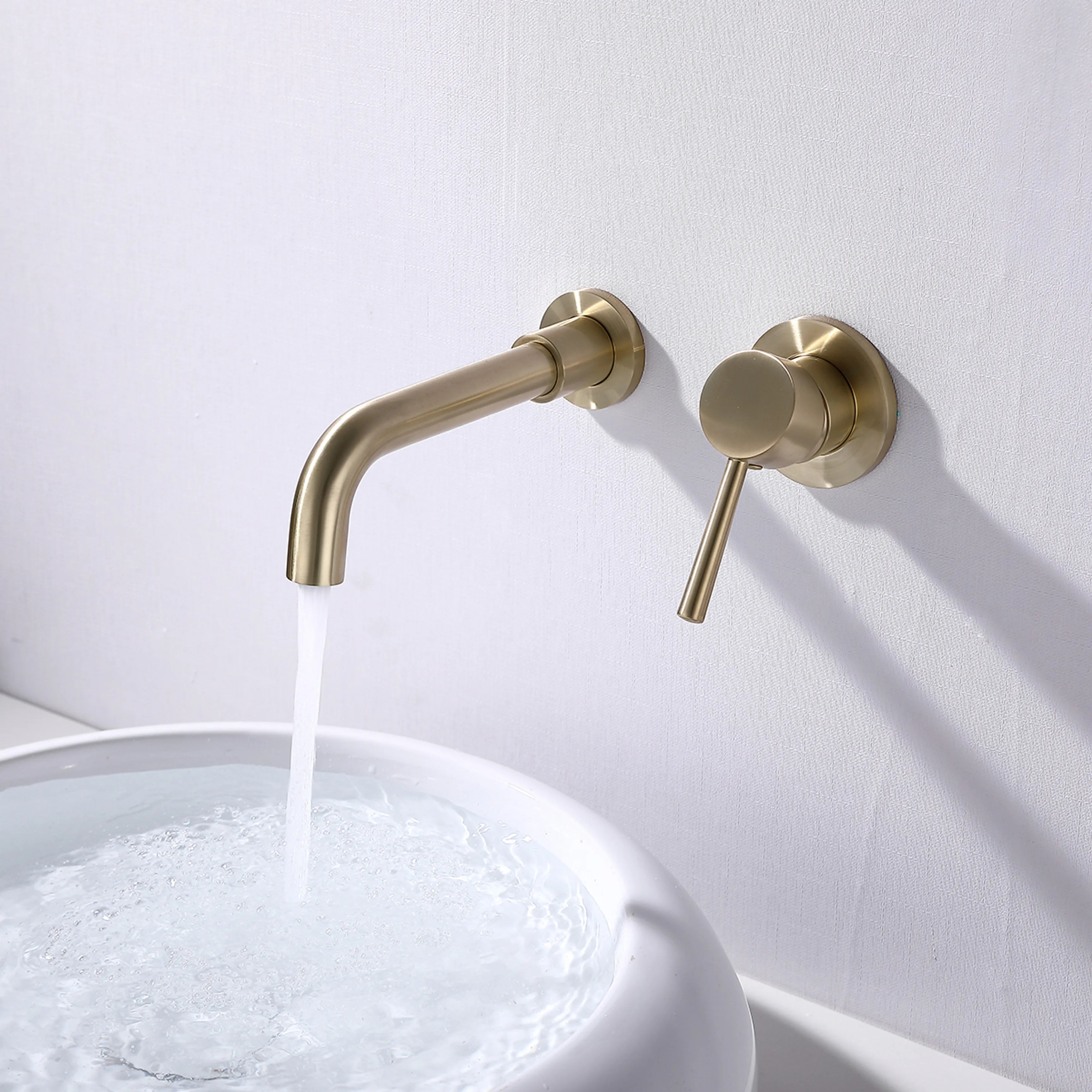 Brushed Gold Wall Mount Single-Handle Bathroom Sink Faucet