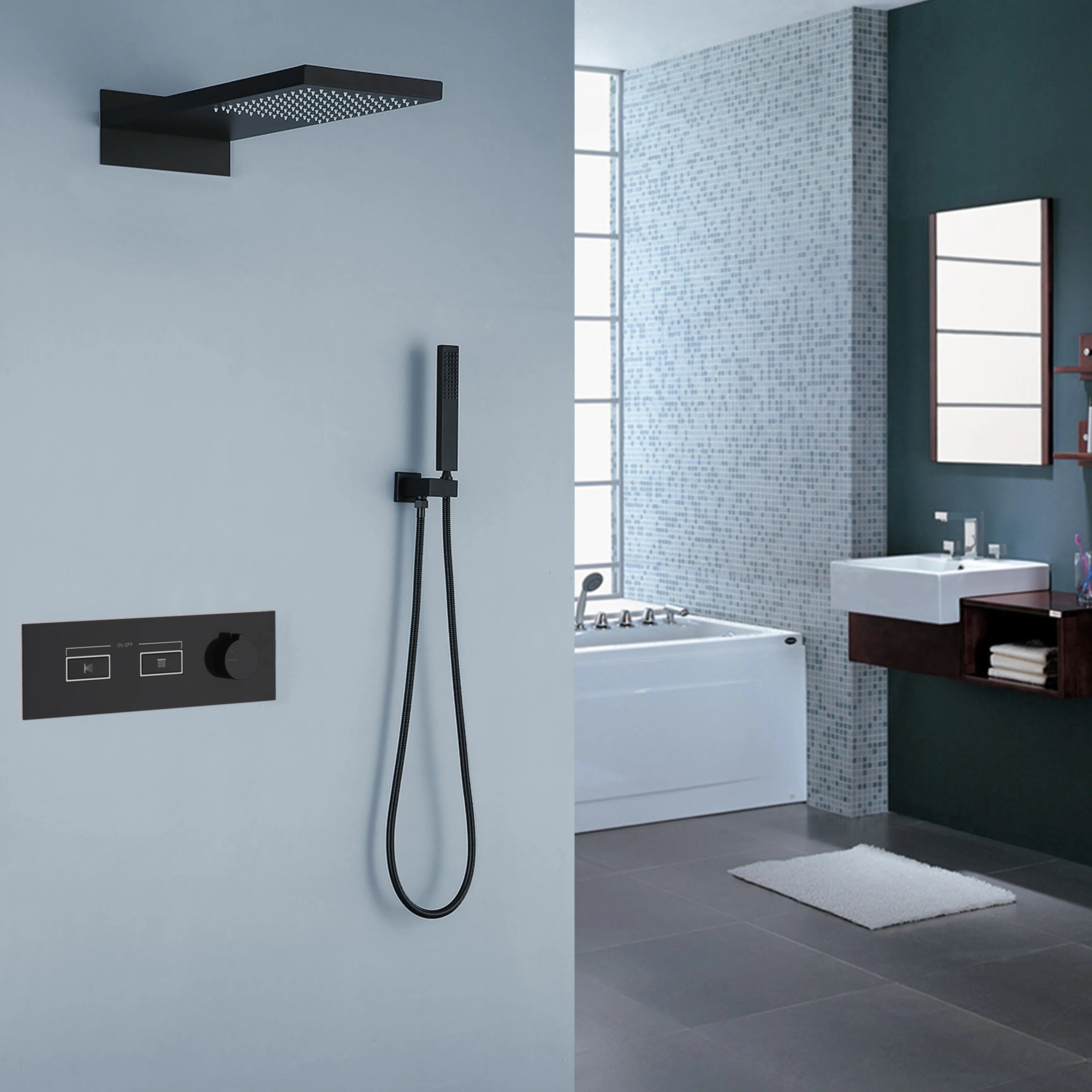 Matte Black Luxury Rainfall Thermostatic Shower System With Handheld Shower Head