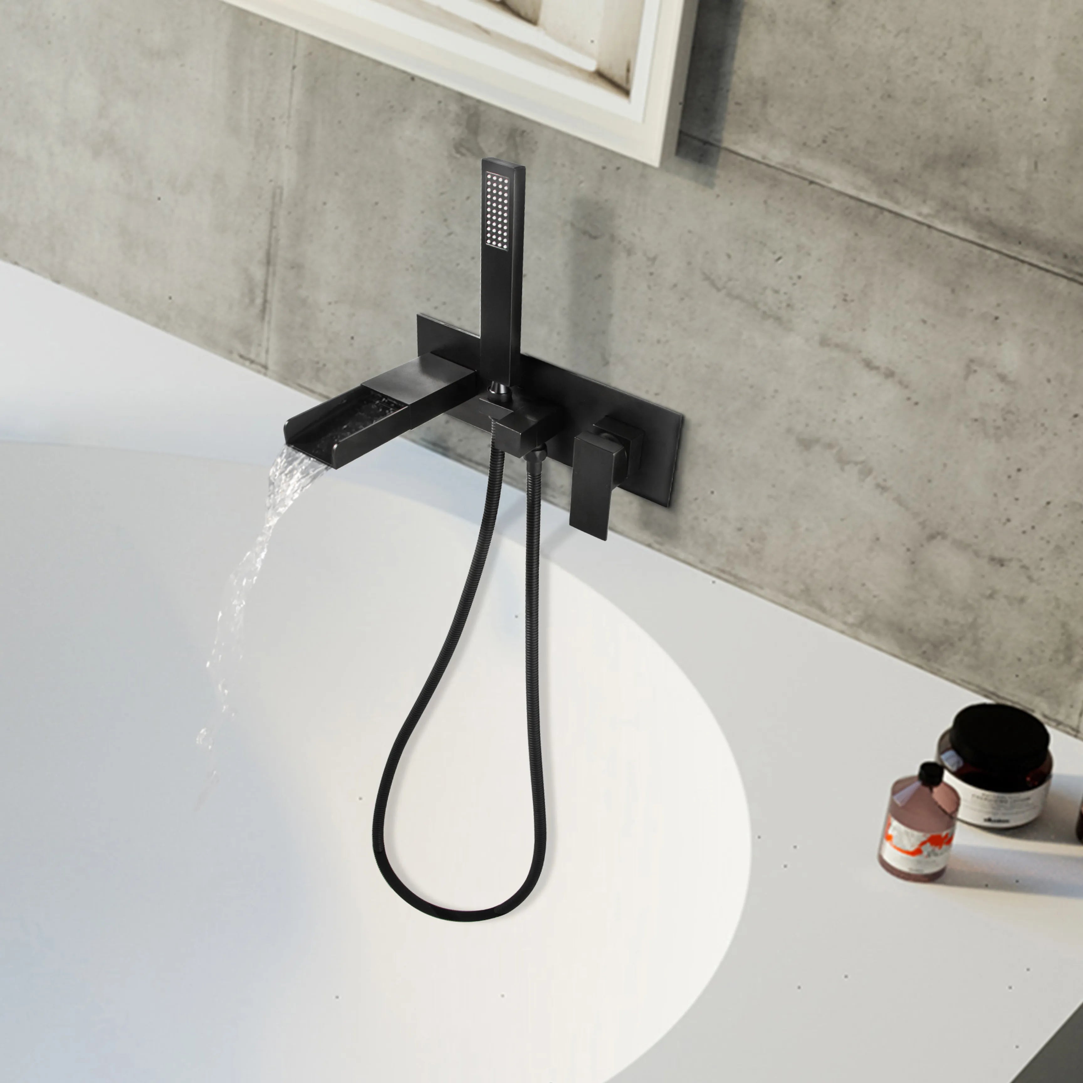 Wall Mounted Matte Black Bathtub Faucet With Waterfall Tub Filler And Hand Shower