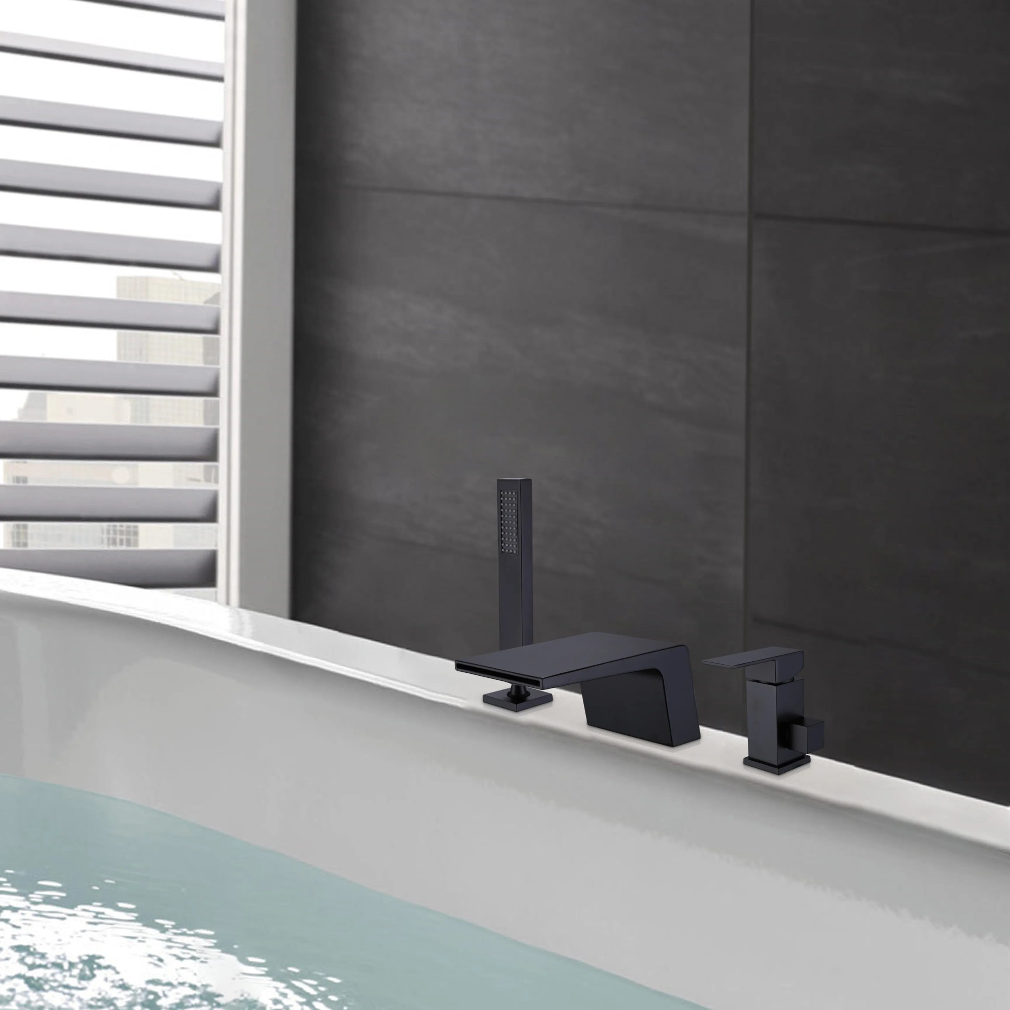 Deck Mounted Matte Black Bathtub Faucet With Waterfall Tub Filler And Hand Shower