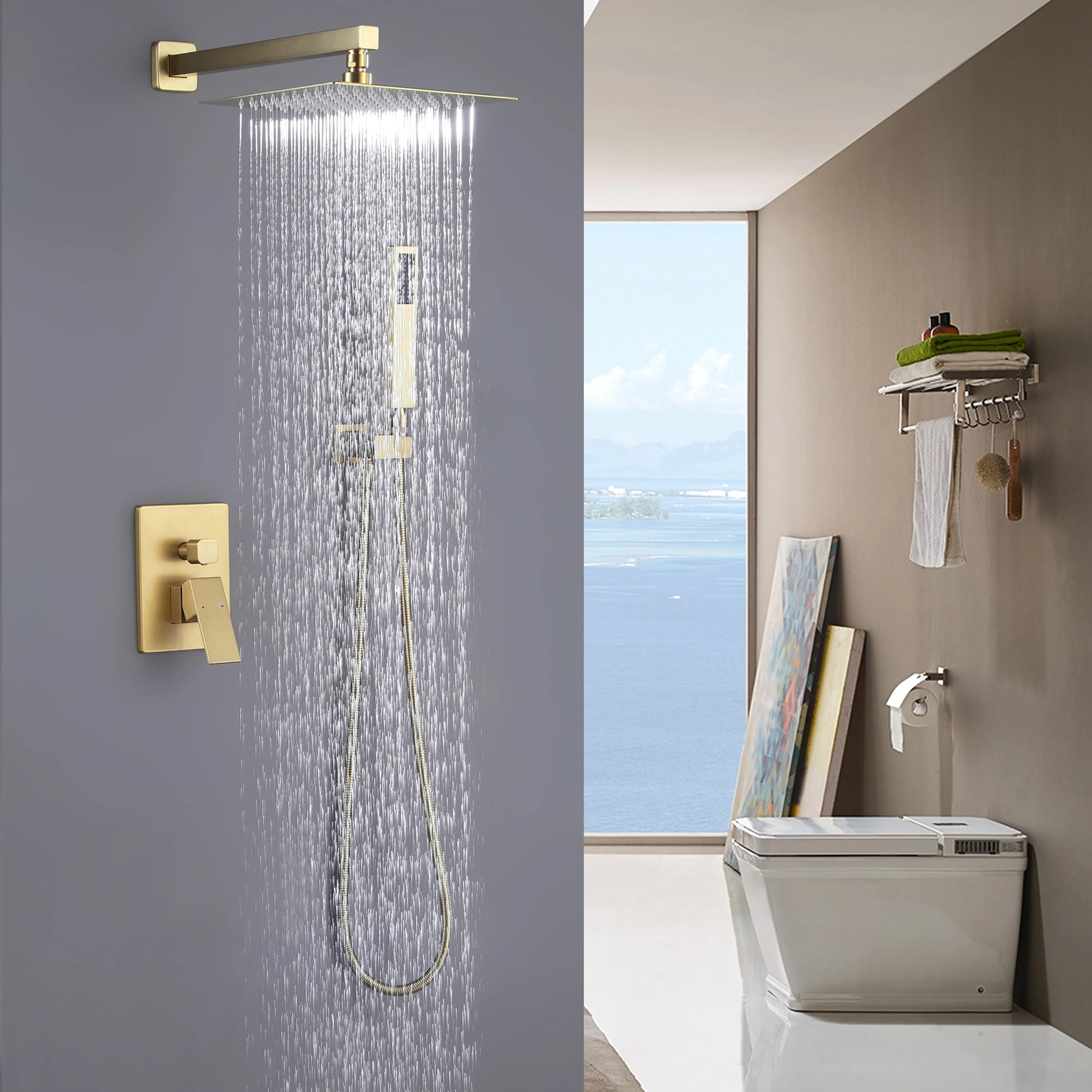 Brushed Gold Shower System With Rain Shower Head And Handheld Shower Head