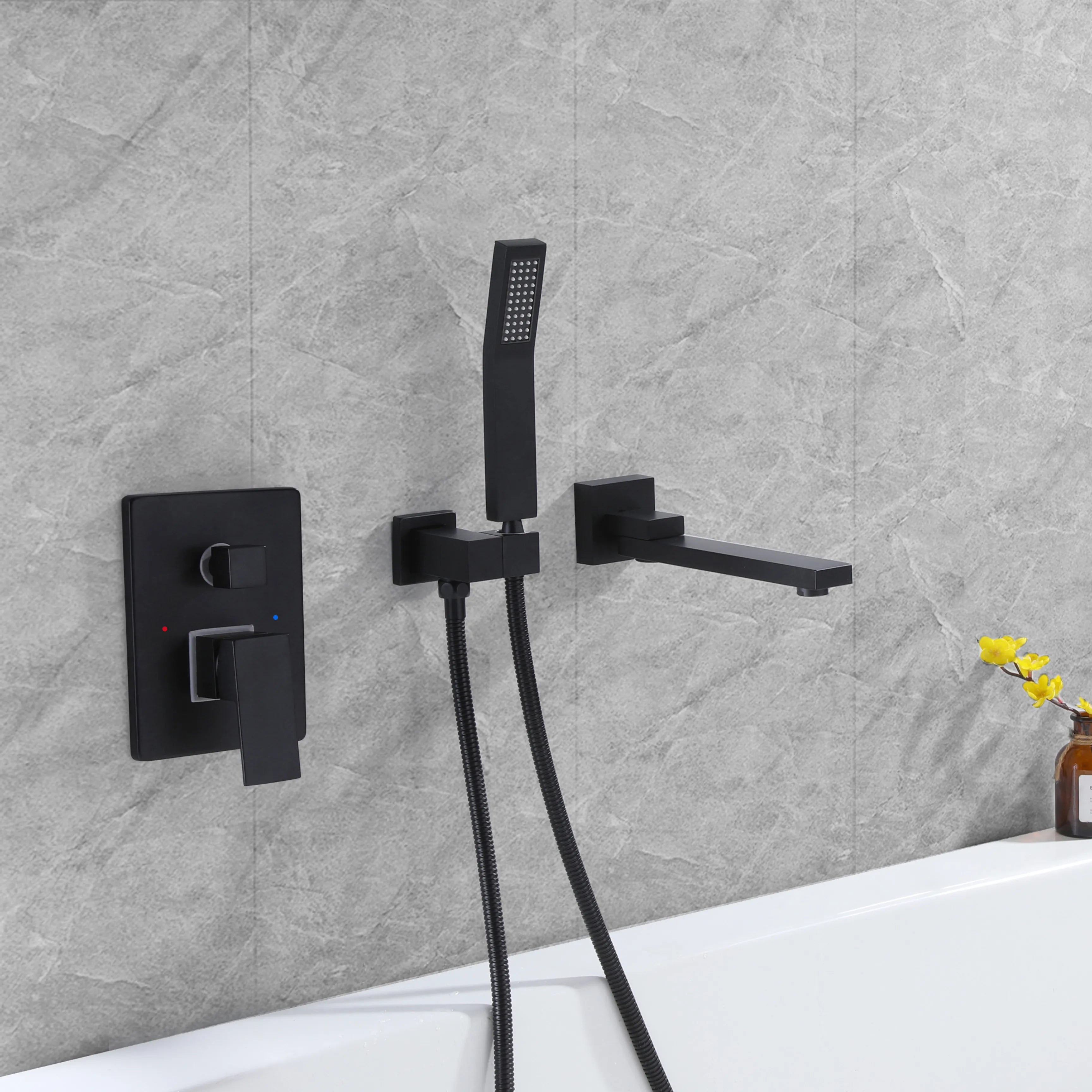 Matte Black Brushed Gold Wall Mounted Bathtub Faucet Tub Filler with Hand Shower And Tub Spout