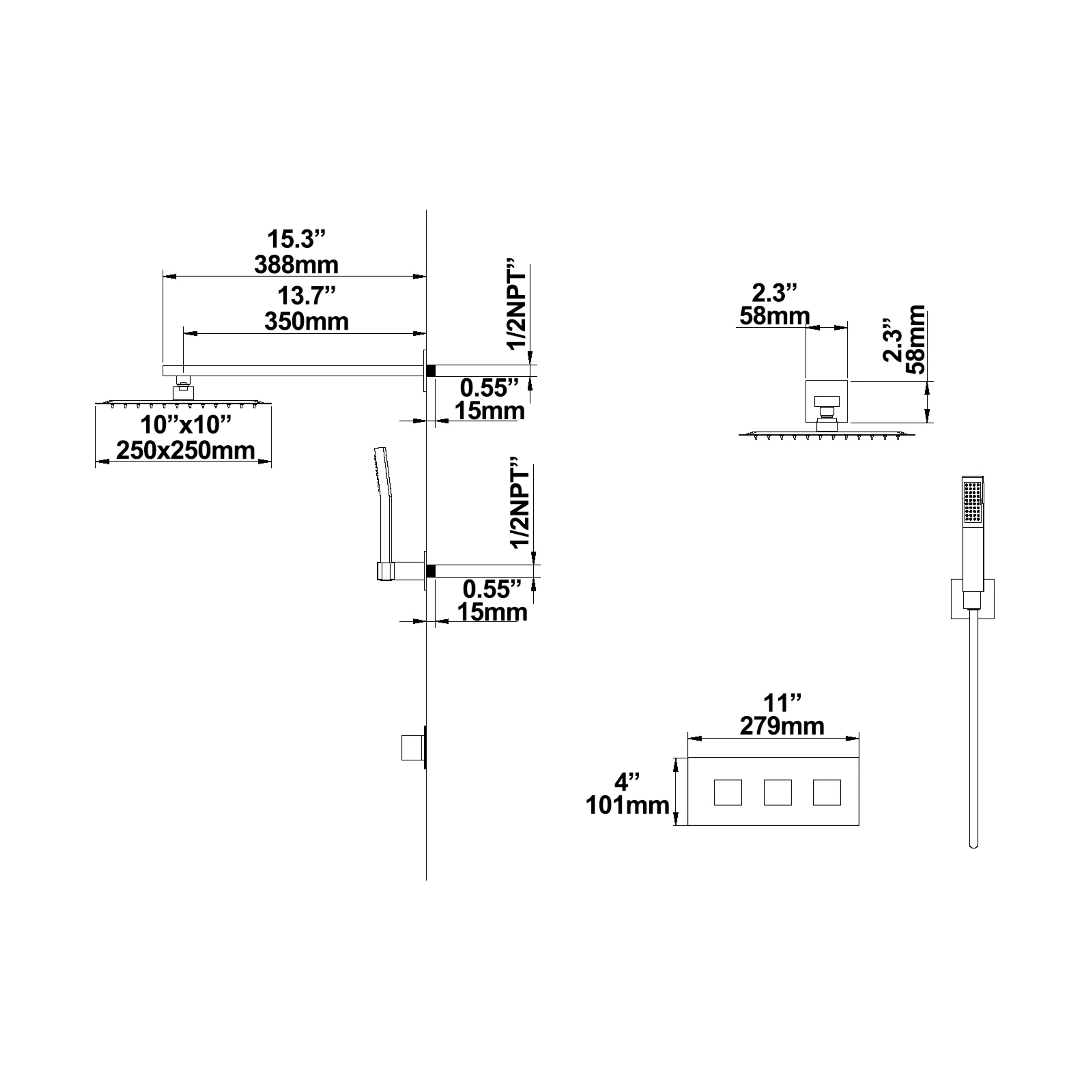 Matte Black Two-Function Wall Mount Shower System With Handheld Shower Head